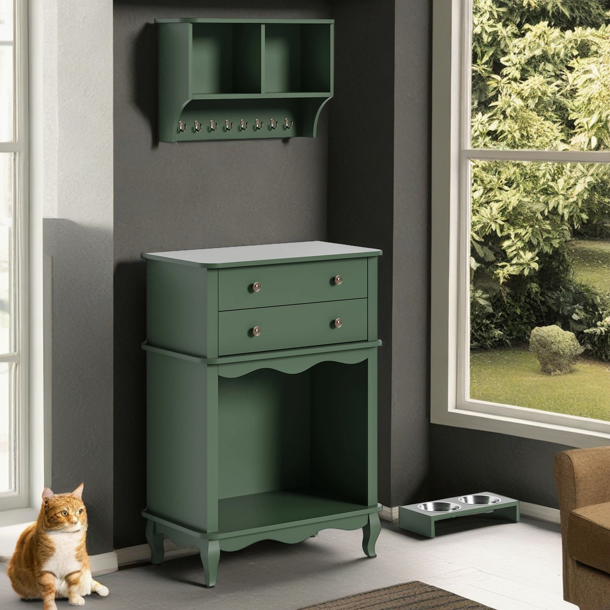 Pefilos 39" Cat Litter Box Enclosure with Wall Mounted Cabinet and Drawer, Cat Litter Box Furniture, Wooden Cat House Washroom, Modern Kitty Hideaway, Green Pefilos 39" Cat Litter Box Enclosure with Wall Mounted Cabinet and Drawer, Cat Litter Box Furniture, Wooden Cat House Washroom, Modern Kitty Hideaway, Green