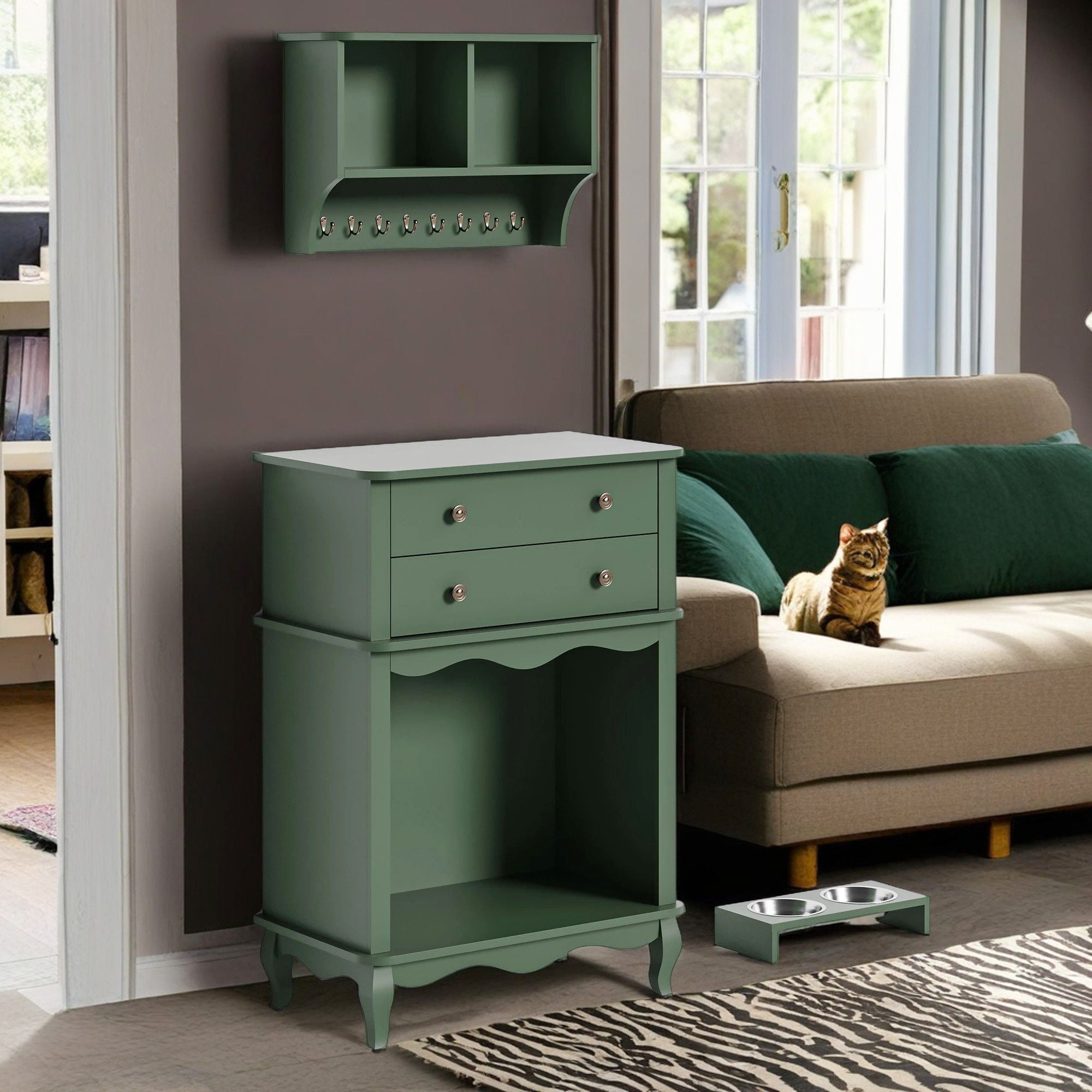 Pefilos 39" Cat Litter Box Enclosure, Cat Washroom with Wall Mounted Cabinet and Drawer, Wooden Cat House, Semi-Open Space Litter Box Furniture, Green Pefilos 39" Cat Litter Box Enclosure, Cat Washroom with Wall Mounted Cabinet and Drawer, Wooden Cat House, Semi-Open Space Litter Box Furniture, Green