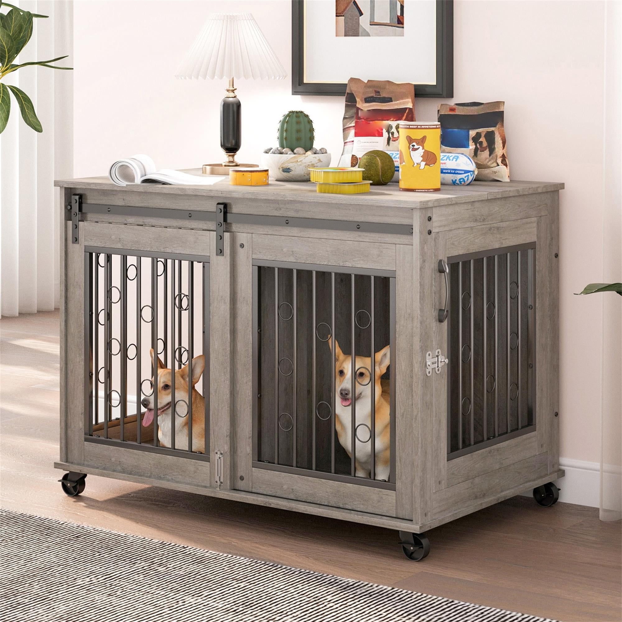 Pefilos 39" Dog Crate for Medium Dogs Sliding Door Wooden Dog Cage with Partition for Two Puppies Dog House Indoor, Gray Pefilos 39" Dog Crate for Medium Dogs Sliding Door Wooden Dog Cage with Partition for Two Puppies Dog House Indoor, Gray