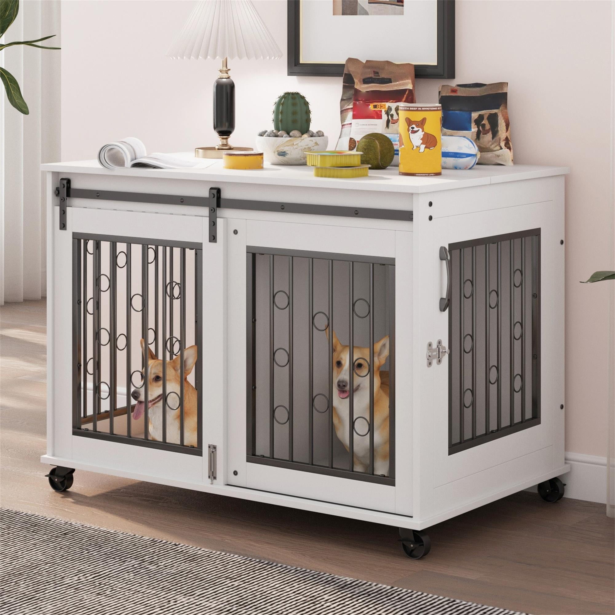 Pefilos 39" Dog Crate for Medium Dogs Sliding Door Wooden Dog Cage with Partition for Two Puppies Dog House Indoor, White Pefilos 39" Dog Crate for Medium Dogs Sliding Door Wooden Dog Cage with Partition for Two Puppies Dog House Indoor, White