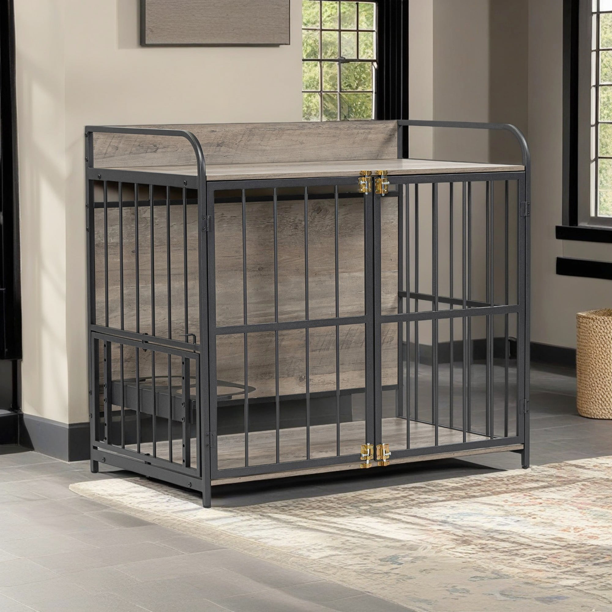 Pefilos 39" Furniture Style Dog Crate with 360° and Adjustable Raised Feeder Stand, Large Dog Cage Kennel for Indoor Dogs, Gray Pefilos 39" Furniture Style Dog Crate with 360° and Adjustable Raised Feeder Stand, Large Dog Cage Kennel for Indoor Dogs, Gray