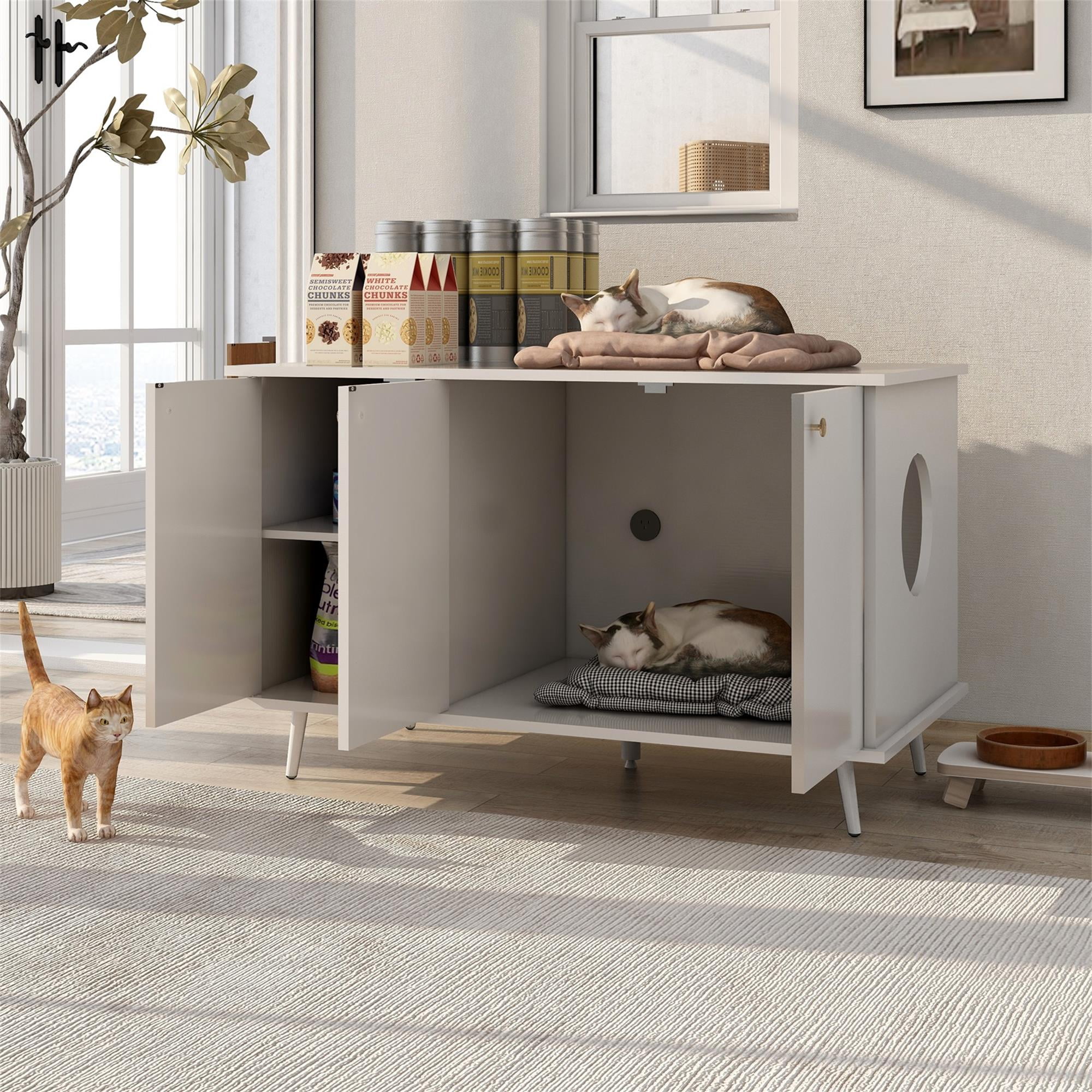 Pefilos 39" Hidden Cat Litter Box Enclosure Furniture, Modern Wood Cat House, Cat Washroom with Plug, White Pefilos 39" Hidden Cat Litter Box Enclosure Furniture, Modern Wood Cat House, Cat Washroom with Plug, White