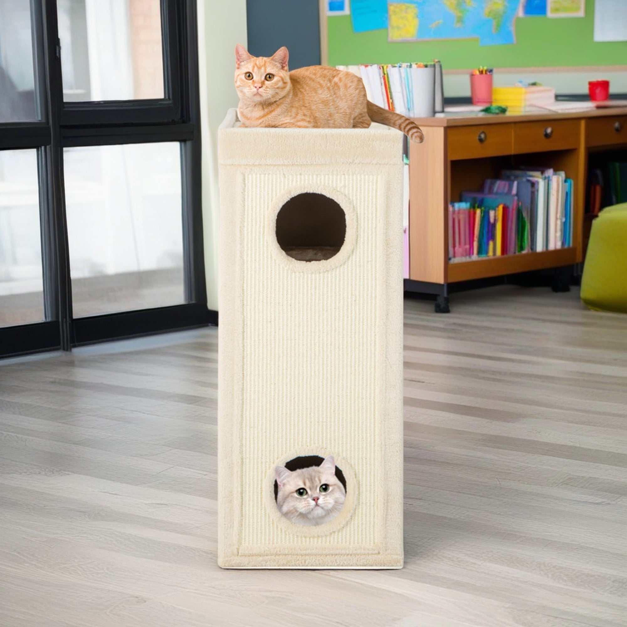 Pefilos 39" Indoor Cat Cave Bed, Cat House Scratcher Furniture, Cat Condo with Scratching Posts, 3 Hideaways, 4 Soft Plush Cushions, Beige Pefilos 39" Indoor Cat Cave Bed, Cat House Scratcher Furniture, Cat Condo with Scratching Posts, 3 Hideaways, 4 Soft Plush Cushions, Beige