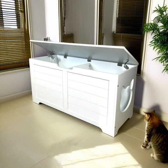 Pefilos 39" Large Cat Litter Box Enclosure for Indoor Cats, Hidden Cat Litter Box Furniture, Top Open Cat Houses Washroom, White