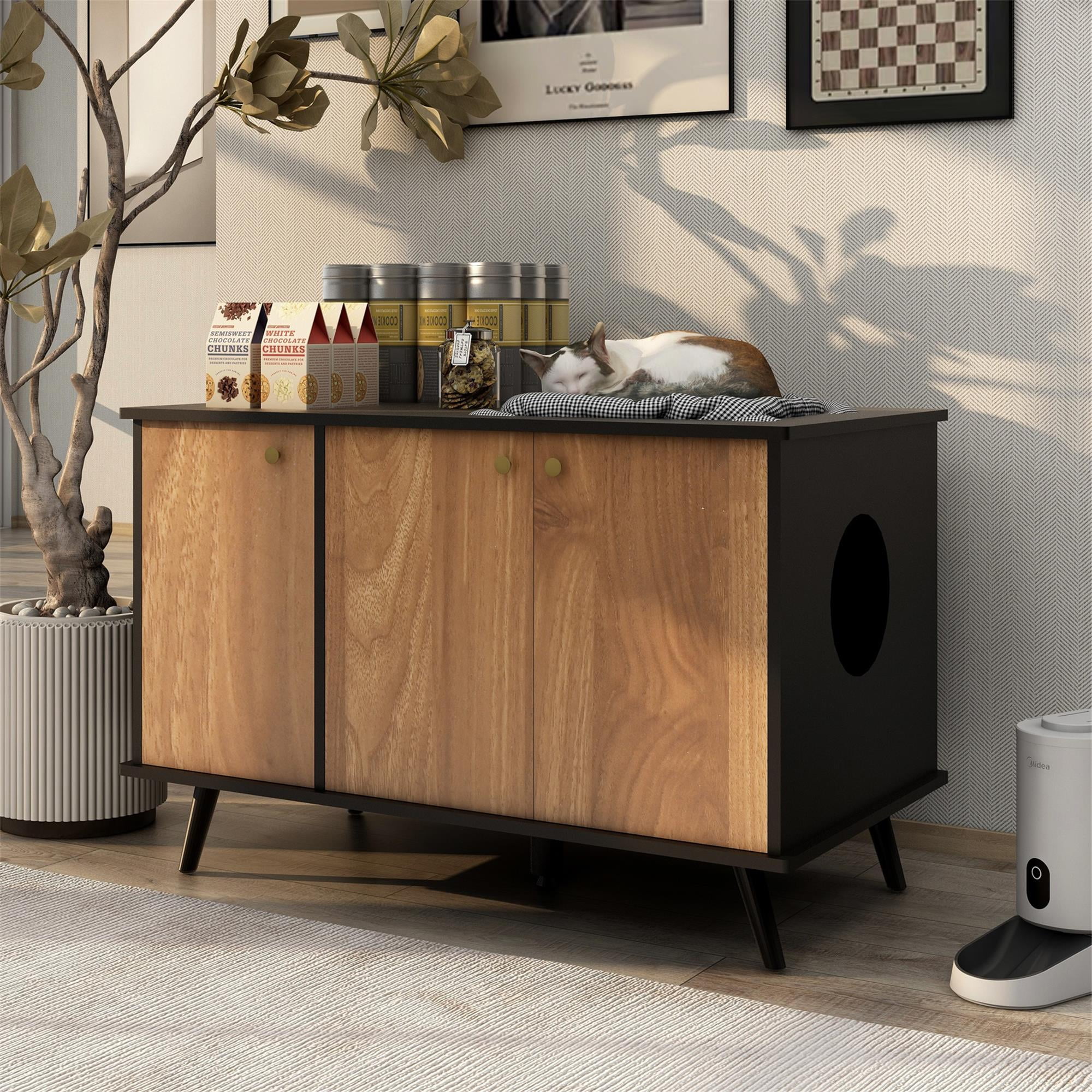 Pefilos 39" Litter Box Enclosure, Cat Litter Box Furniture with Hidden Plug, 3 Doors Indoor Cat House Washroom, Black+Brown Pefilos 39" Litter Box Enclosure, Cat Litter Box Furniture with Hidden Plug, 3 Doors Indoor Cat House Washroom, Black+Brown