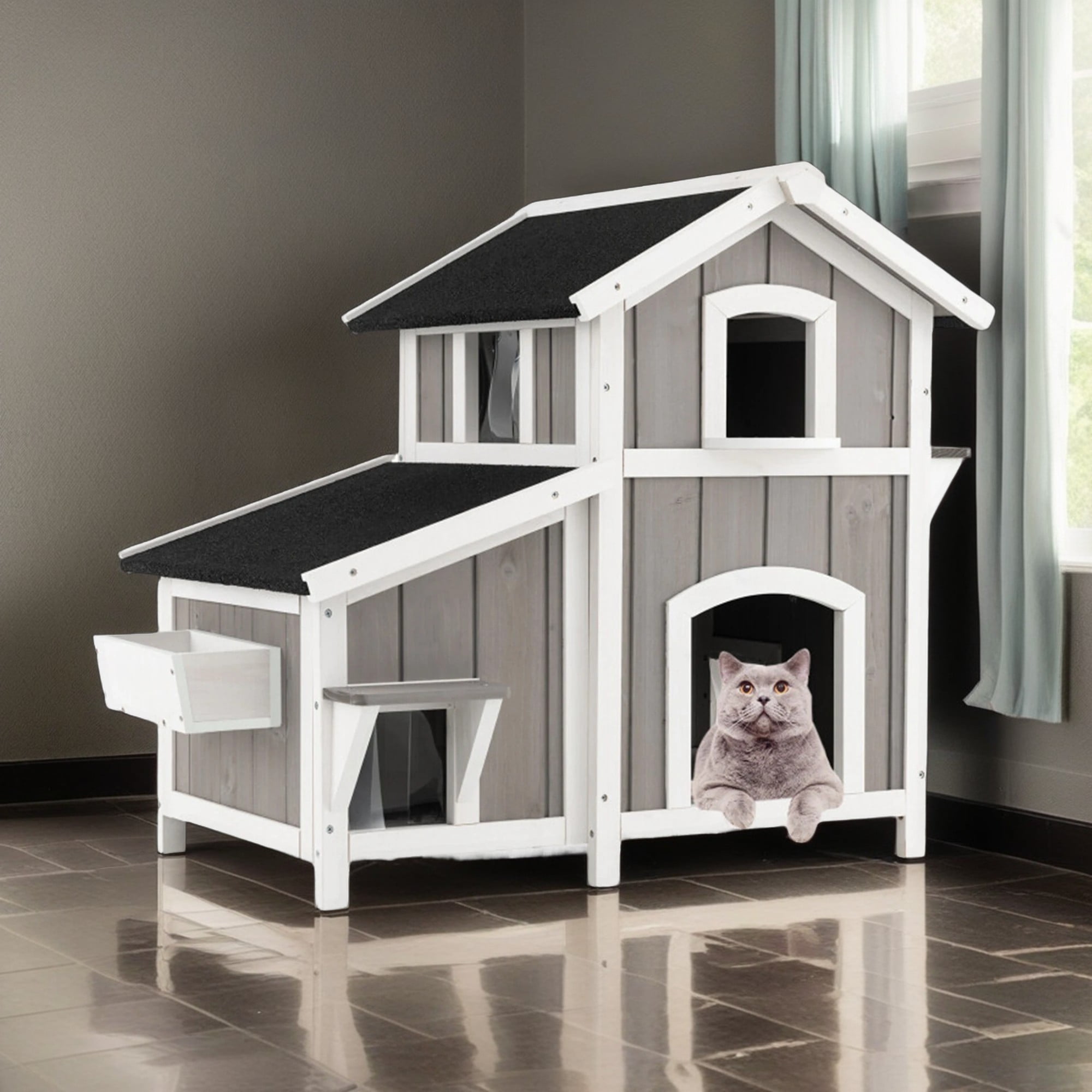 Pefilos 39" Outdoor Feral Cat House Indoor Kitty Shelter with Escape Door for Cats Insulated, Weatherproof Roof Cat Condo, Gray Pefilos 39" Outdoor Feral Cat House Indoor Kitty Shelter with Escape Door for Cats Insulated, Weatherproof Roof Cat Condo, Gray