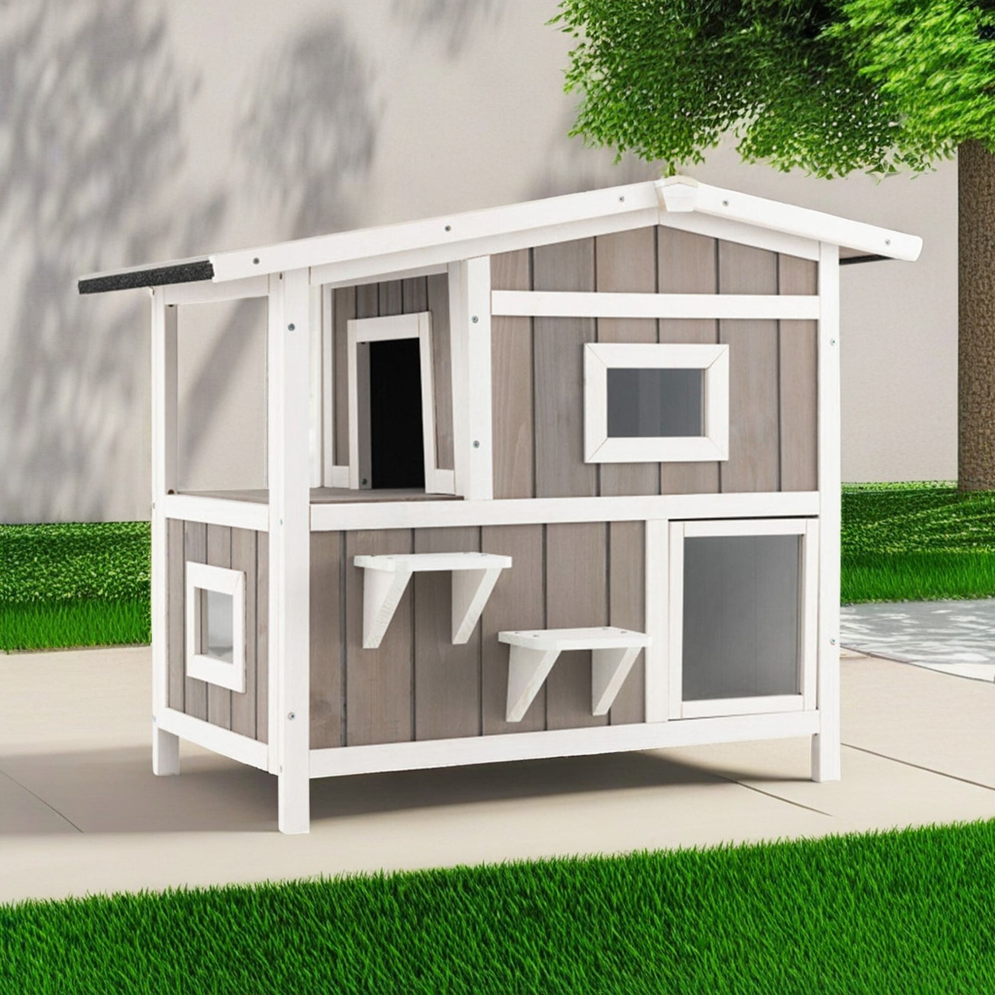 Pefilos 39" Outdoor Wooden Cat House with Escape Door, 2-Story Feral Cat Shelter Rainproof Outside Kitty Cat Condo, Gray