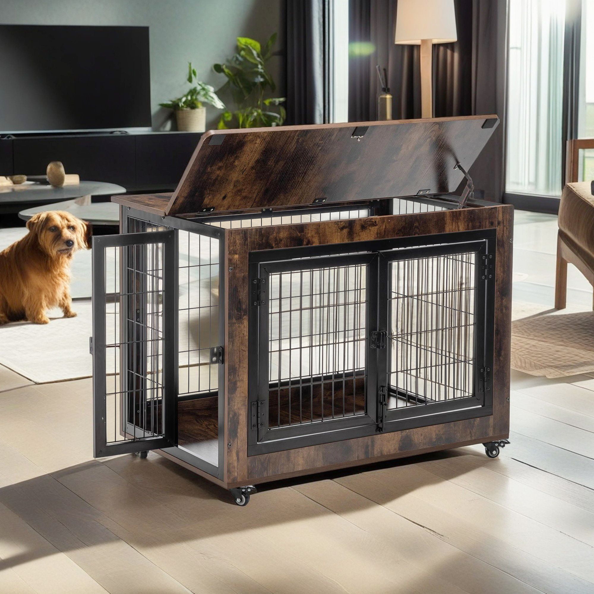Pefilos 38" Dog Crate Furniture with Wheels, Wood Dog Cages for Medium Dogs, Double Door Dog Kennel, Dog House for Indoor, Gray Pefilos 38" Dog Crate Furniture with Wheels, Wood Dog Cages for Medium Dogs, Double Door Dog Kennel, Dog House for Indoor, Gray