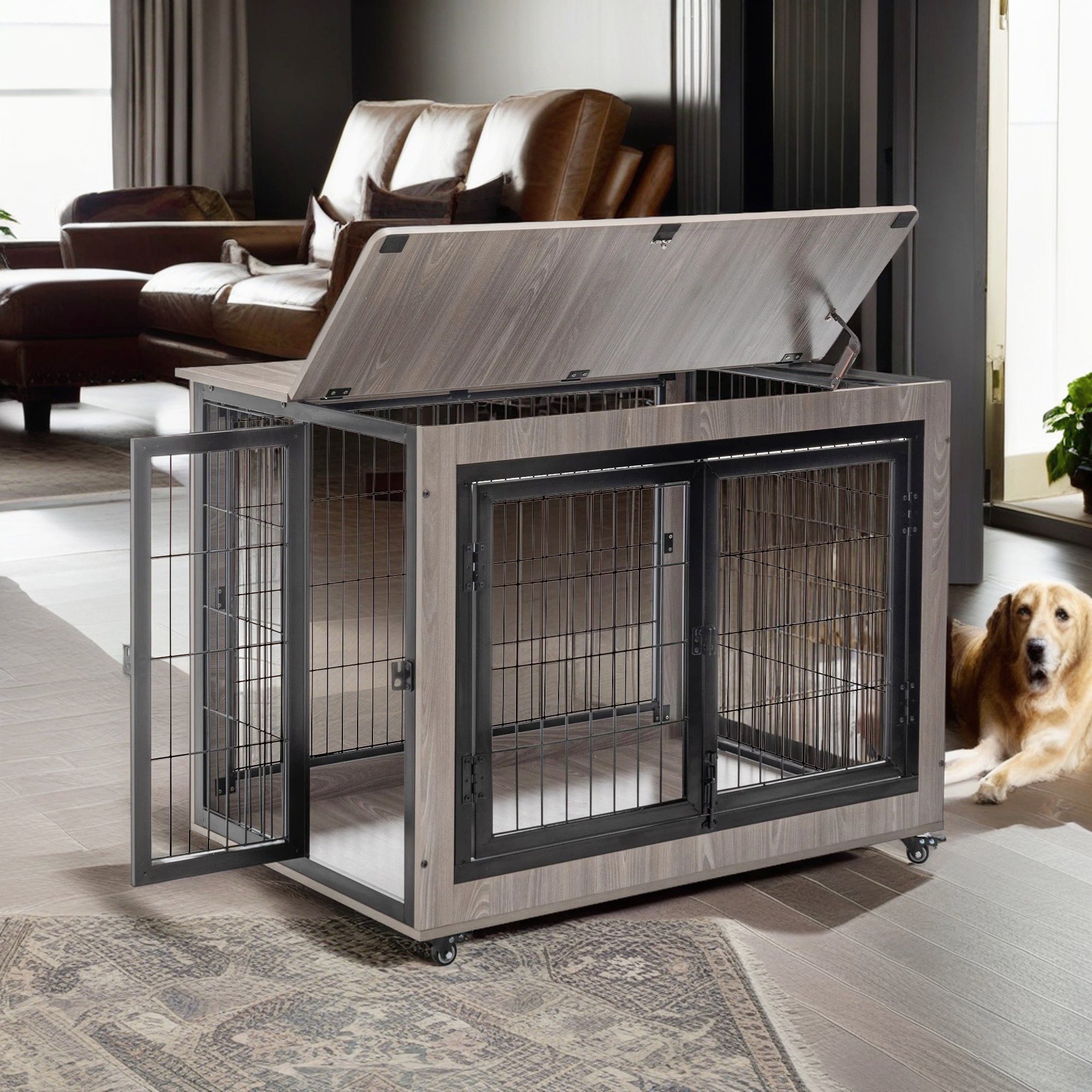 Pefilos 38" Dog Crate Furniture with Wheels, Wood Dog Cages for Medium Dogs, Double Door Dog Kennel, Dog House for Indoor, Brown