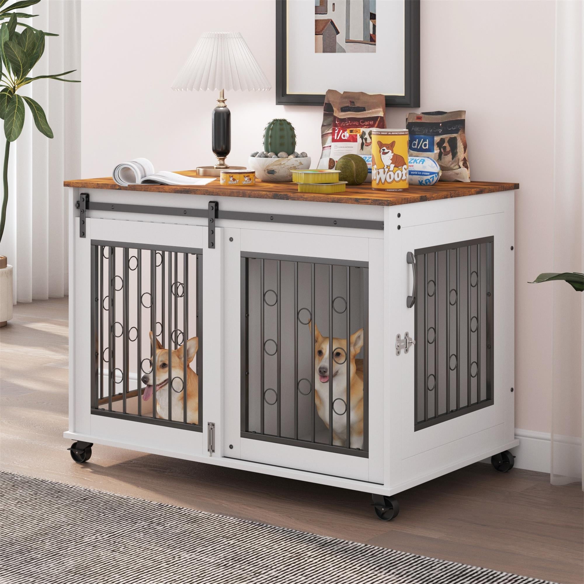 Pefilos 39" Sliding Door Dog Crate with Partition for Two Puppies, Furniture Style Dog Cage with Wheels, Brown Countertop Dog House Kennel for Indoor Dogs, White Pefilos 39" Sliding Door Dog Crate with Partition for Two Puppies, Furniture Style Dog Cage with Wheels, Brown Countertop Dog House Kennel for Indoor Dogs, White