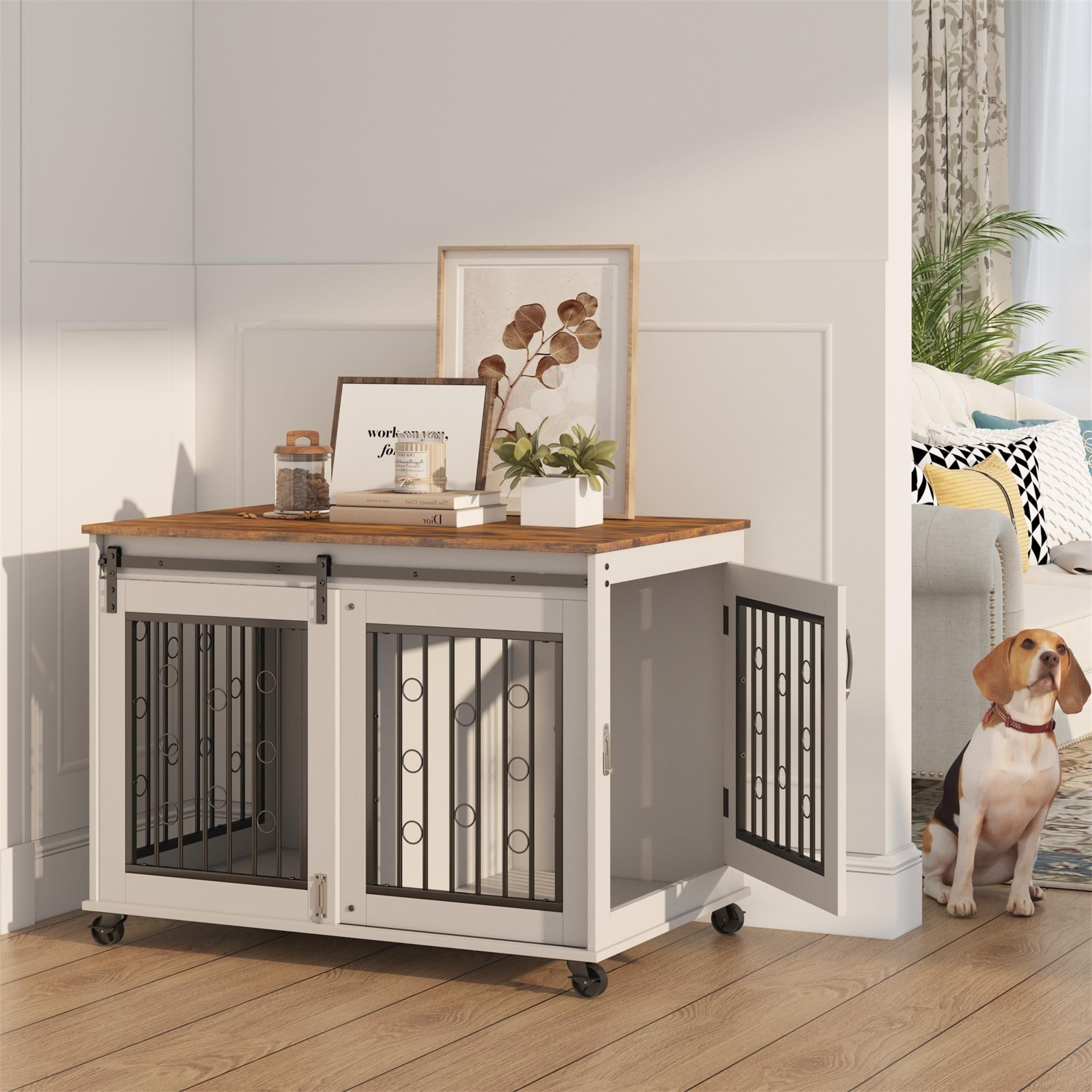 Pefilos 39" Sliding Door Dog Crate with Partition for Two Puppies, Furniture Style Dog Cage with Wheels, Indoor Kennel, White + Brown Pefilos 39" Sliding Door Dog Crate with Partition for Two Puppies, Furniture Style Dog Cage with Wheels, Indoor Kennel, White + Brown