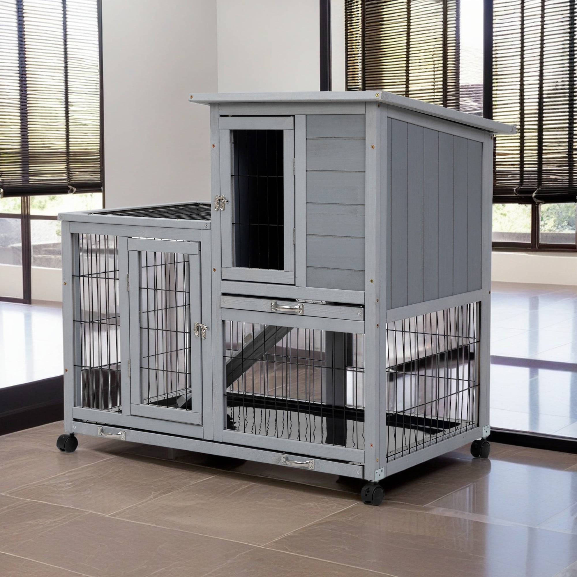 Pefilos 39" Waterproof Chicken Coop for Outdoor, Indoor Rabbit Hutch, Wood Hen House with Rolling Casters, Removable Tray, Gray