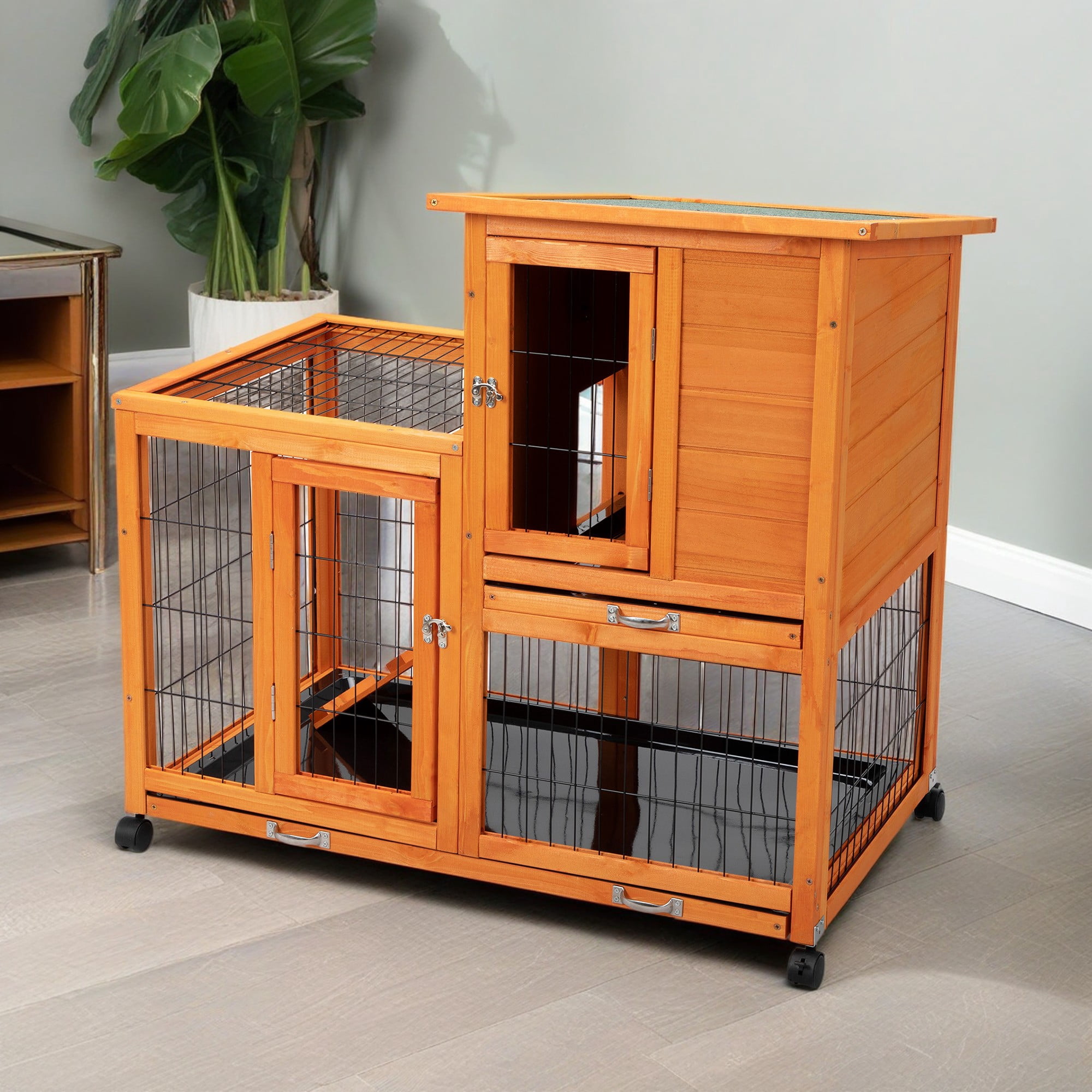 Pefilos 39" Waterproof Chicken Coop for Outdoor, Indoor Rabbit Hutch, Wood Hen House with Rolling Casters, Removable Tray, Orange