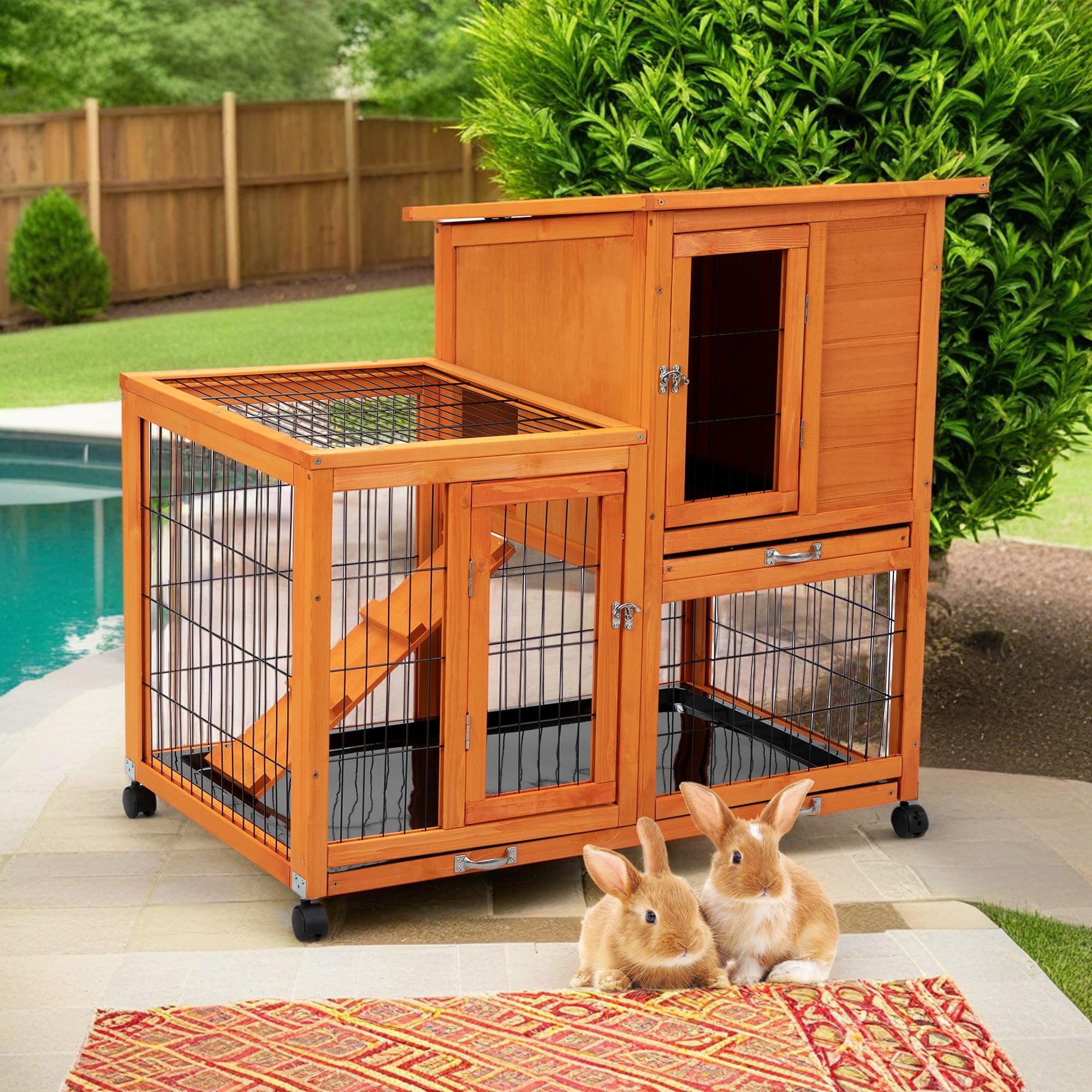 Pefilos 39" Wood Rabbit Hutch for Indoor, Outdoor Chicken Coop, Hen House with Removable Tray, Rolling Casters, Orange