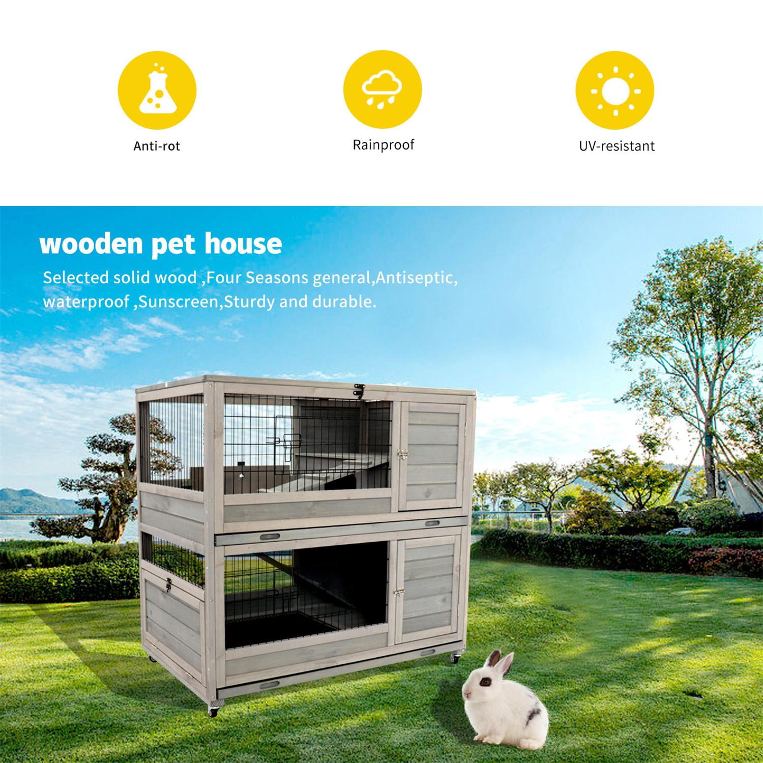 Pefilos 39" Wooden Bunny Hutch with Ramp, Weatherproof Roof and Removable Tray, Indoor Outdoor Double Layer Luxury Rabbit Cage with Universal Wheel, Gray Pefilos 39" Wooden Bunny Hutch with Ramp, Weatherproof Roof and Removable Tray, Indoor Outdoor Double Layer Luxury Rabbit Cage with Universal Wheel, Gray