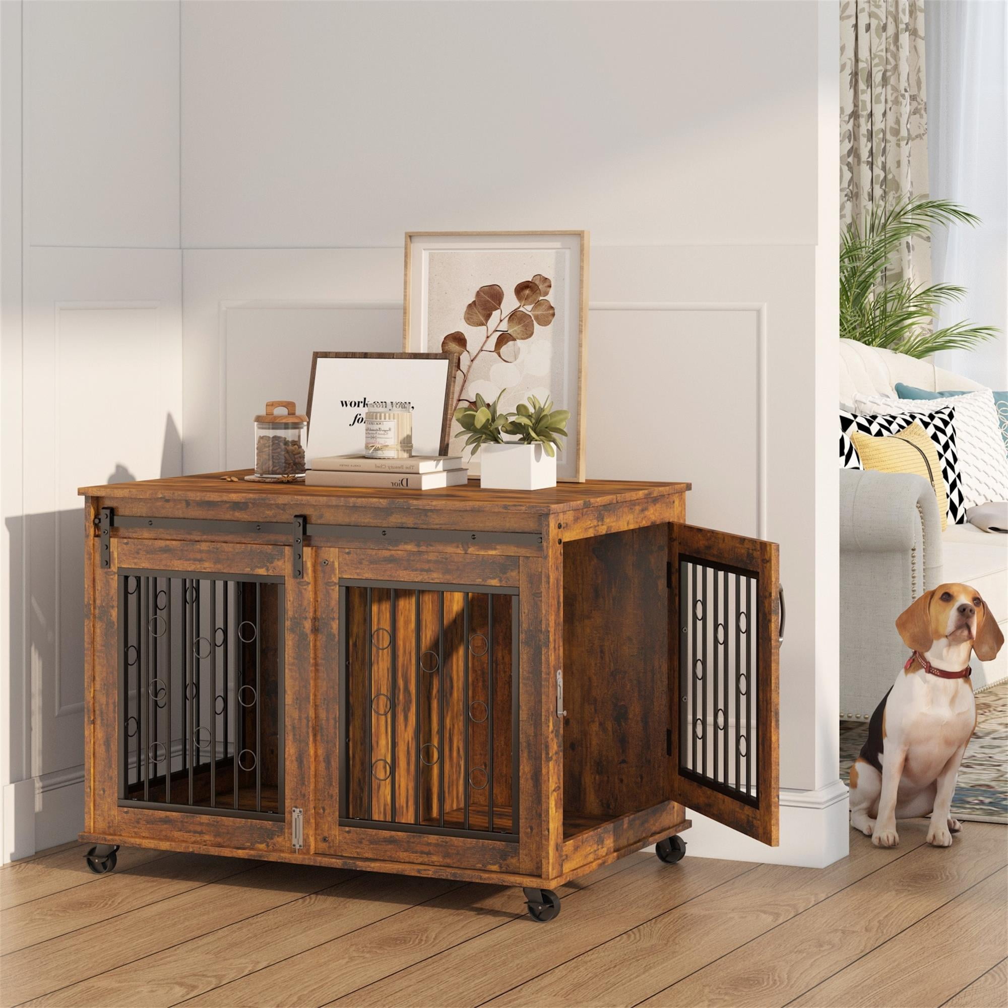 Pefilos 39" Wooden Dog Crate for Medium Dogs Indoor Sliding Door Dog Cage Furniture with Partition for Two Puppies Dog House, Brown Pefilos 39" Wooden Dog Crate for Medium Dogs Indoor Sliding Door Dog Cage Furniture with Partition for Two Puppies Dog House, Brown