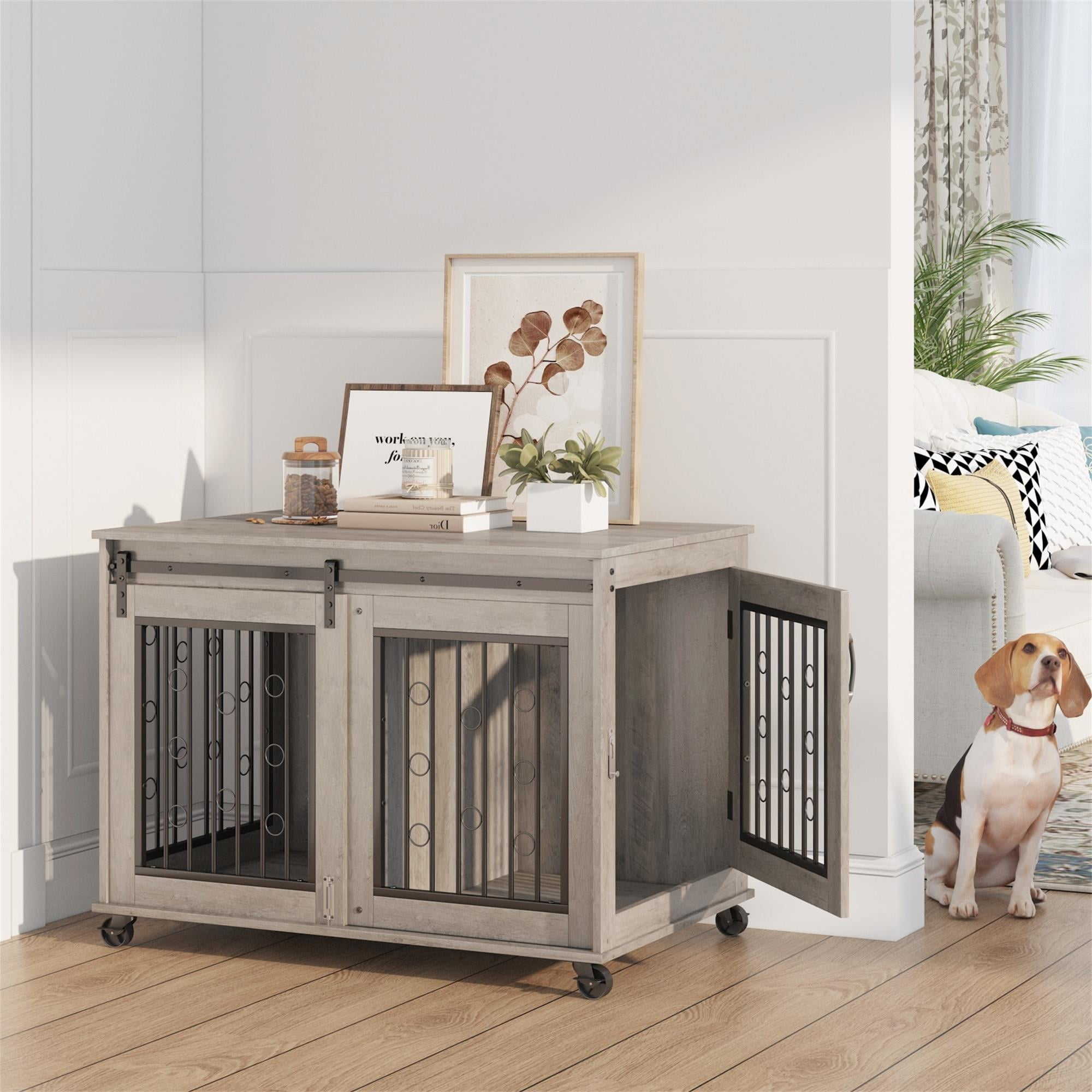 Pefilos 39" Wooden Dog Crate for Medium Dogs Indoor Sliding Door Dog Cage Furniture with Partition for Two Puppies Dog House, Gray Pefilos 39" Wooden Dog Crate for Medium Dogs Indoor Sliding Door Dog Cage Furniture with Partition for Two Puppies Dog House, Gray