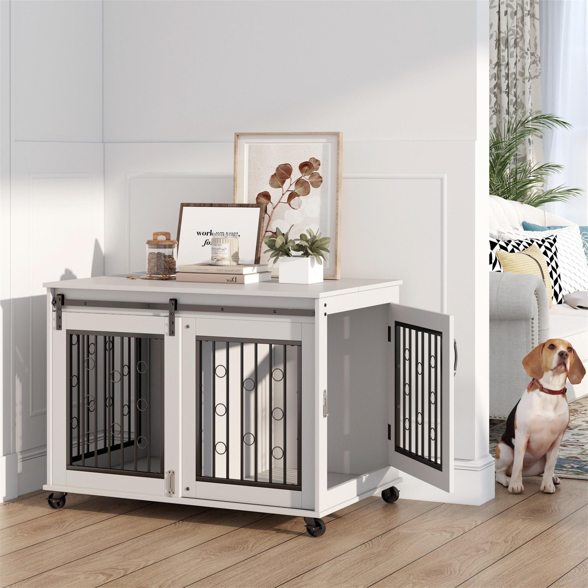 Pefilos 39" Wooden Dog Crate for Medium Dogs Indoor Sliding Door Dog Cage Furniture with Partition for Two Puppies Dog House, White Pefilos 39" Wooden Dog Crate for Medium Dogs Indoor Sliding Door Dog Cage Furniture with Partition for Two Puppies Dog House, White