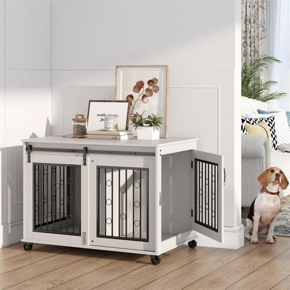 Pefilos 39" Wooden Dog Crate for Medium Dogs Indoor Sliding Door Dog Cage Furniture with Partition for Two Puppies Dog House, White