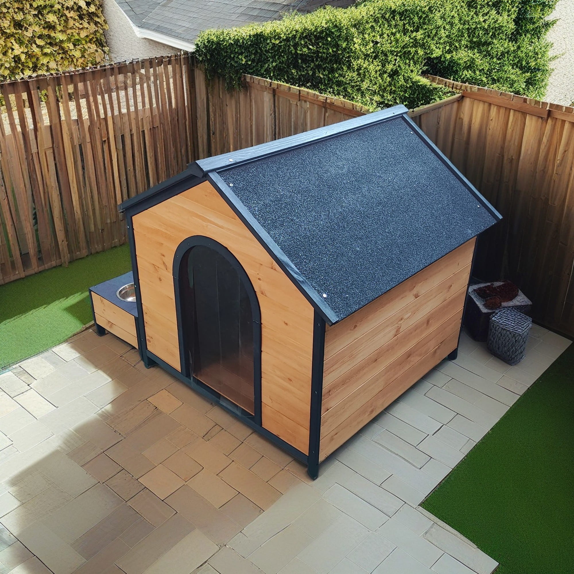 Pefilos 39" Wooden Dog House Outdoor Large Dog Kennel Weatherproof with Two Metal Bowls, Storage Box for Small to Medium Dogs, Beige Pefilos 39" Wooden Dog House Outdoor Large Dog Kennel Weatherproof with Two Metal Bowls, Storage Box for Small to Medium Dogs, Beige