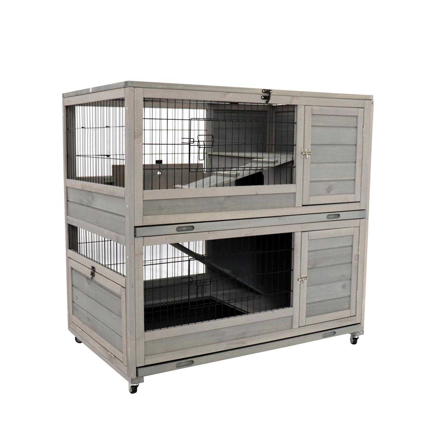Pefilos 39" Wooden Rabbit Cage with Ramp, Small Animals Habitat, Weatherproof Roof and Removable Tray, Universal Wheel, Gray Pefilos 39" Wooden Rabbit Cage with Ramp, Small Animals Habitat, Weatherproof Roof and Removable Tray, Universal Wheel, Gray