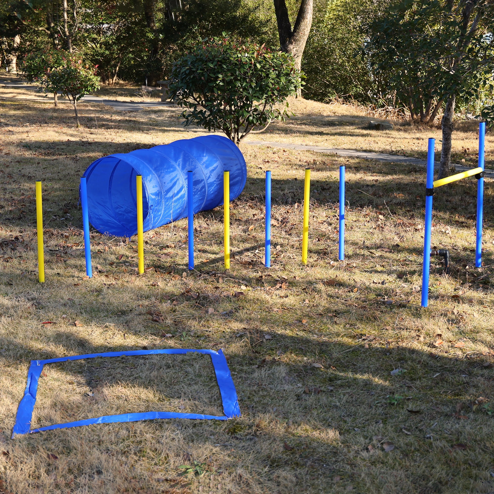 Pefilos 4 Pack Adjustable Dog Agility Training Obstacle Set with Weaves Poles, Storage Bag, Tunnels, Blue Pefilos 4 Pack Adjustable Dog Agility Training Obstacle Set with Weaves Poles, Storage Bag, Tunnels, Blue