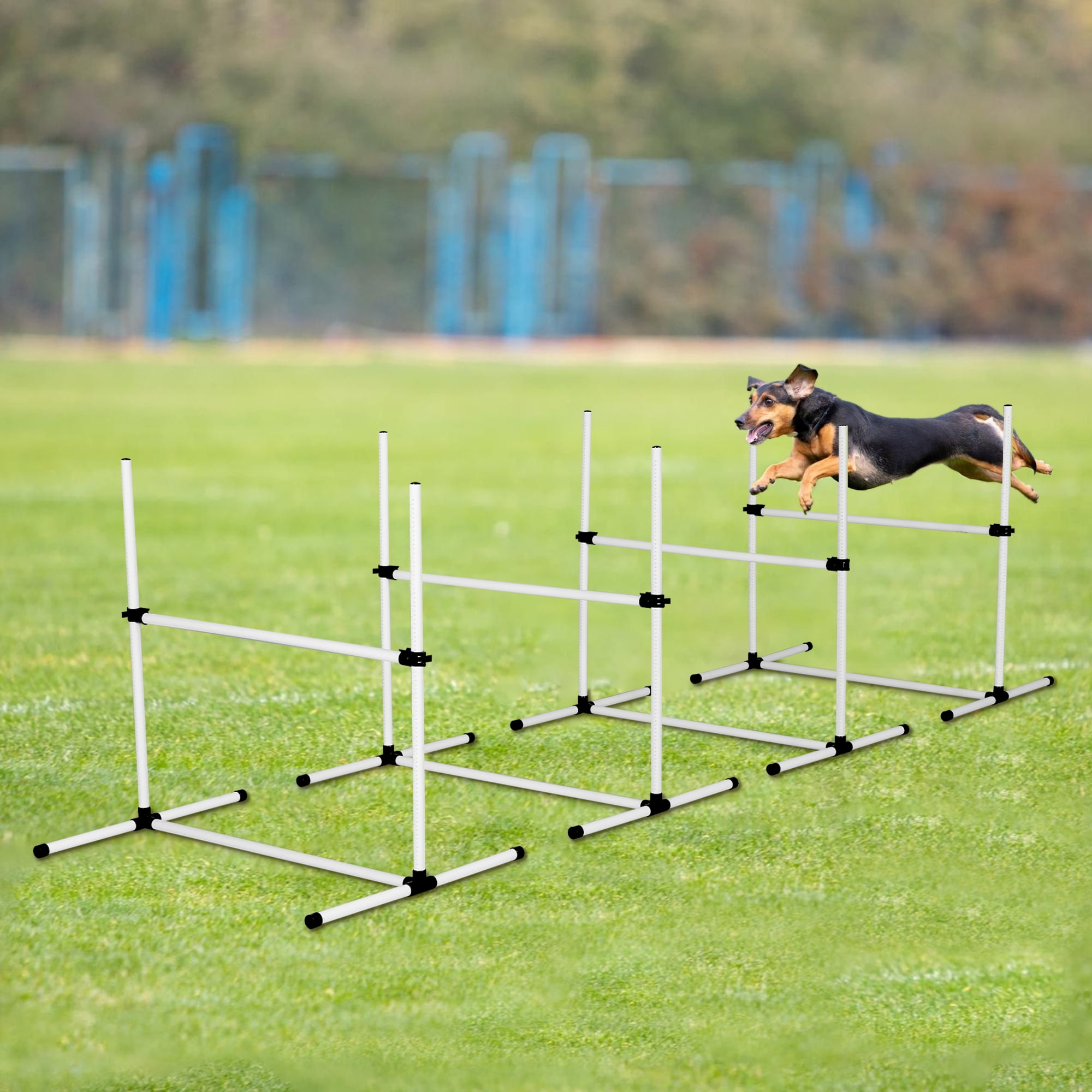 Pefilos 4 Pack Adjustable Dog Agility Training Obstacle Set with Weaves Poles and Storage Bag, White Pefilos 4 Pack Adjustable Dog Agility Training Obstacle Set with Weaves Poles and Storage Bag, White