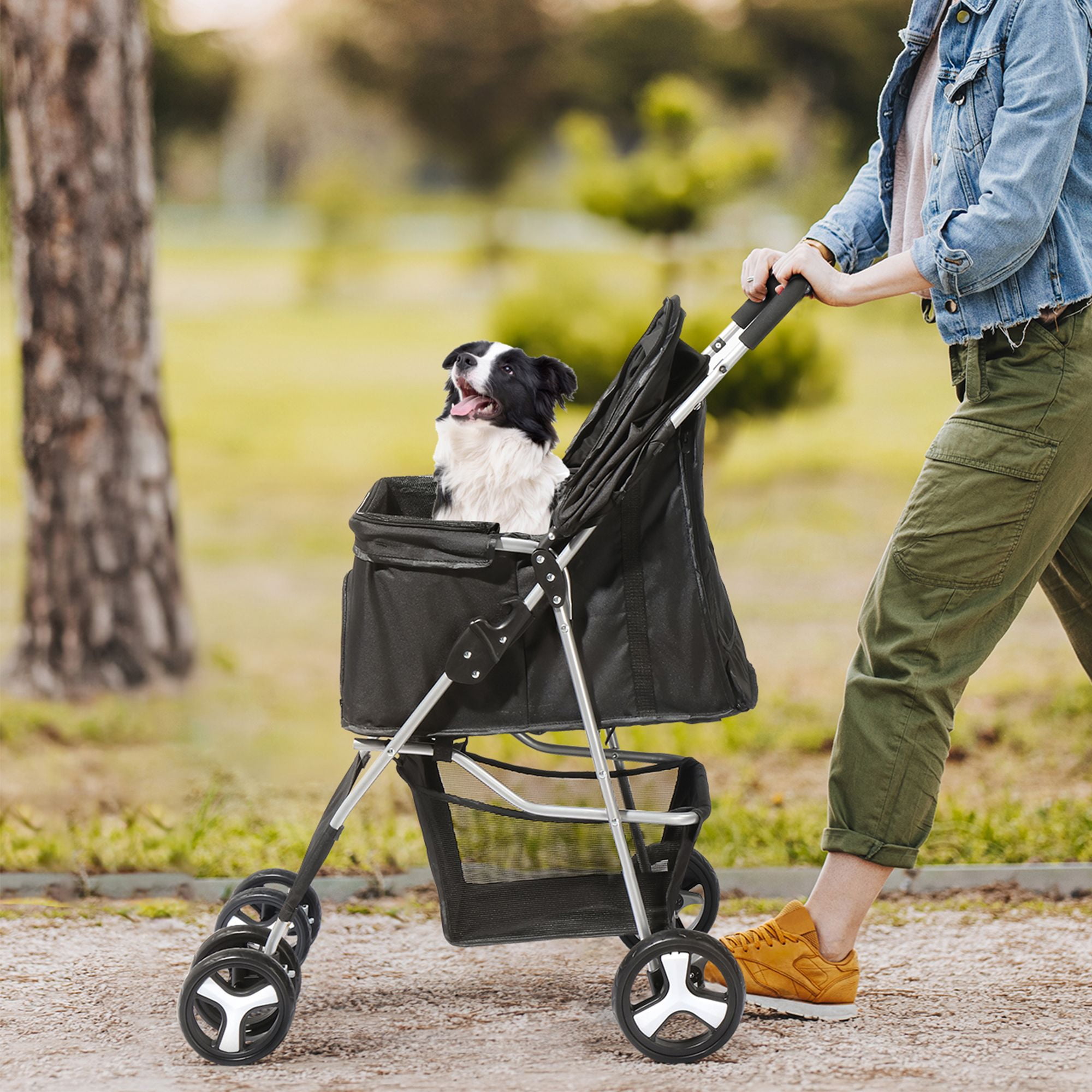 Pefilos 4 Wheel Pet Stroller for Cat and Dog, Foldable Carrier Strolling Cart with Removable Liner, Storage Baske, Puppy Stroller, Black Pefilos 4 Wheel Pet Stroller for Cat and Dog, Foldable Carrier Strolling Cart with Removable Liner, Storage Baske, Puppy Stroller, Black