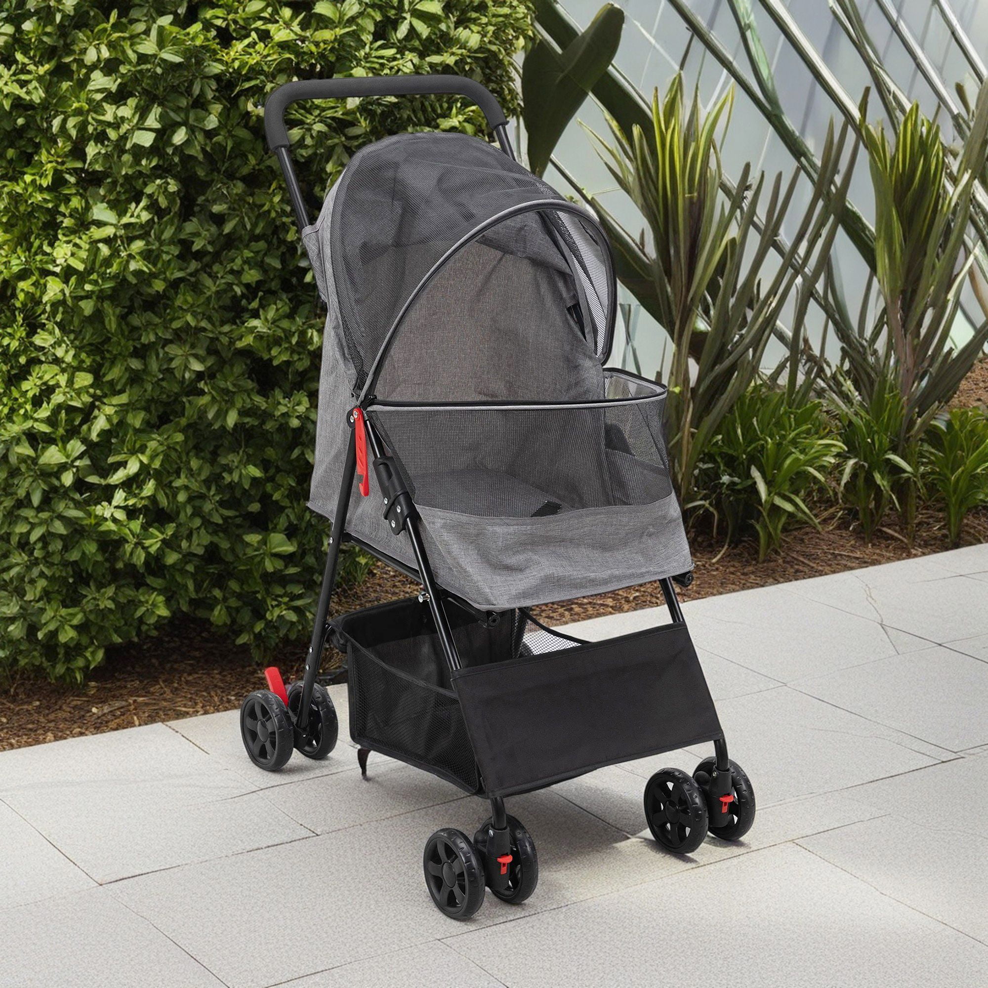 Pefilos 4 Wheels Foldable Pet Stroller, Small Dog Cat Stroller with Storage Basket for Small Puppies, Carrier Jogger Travel Puppy Stroller, Gray