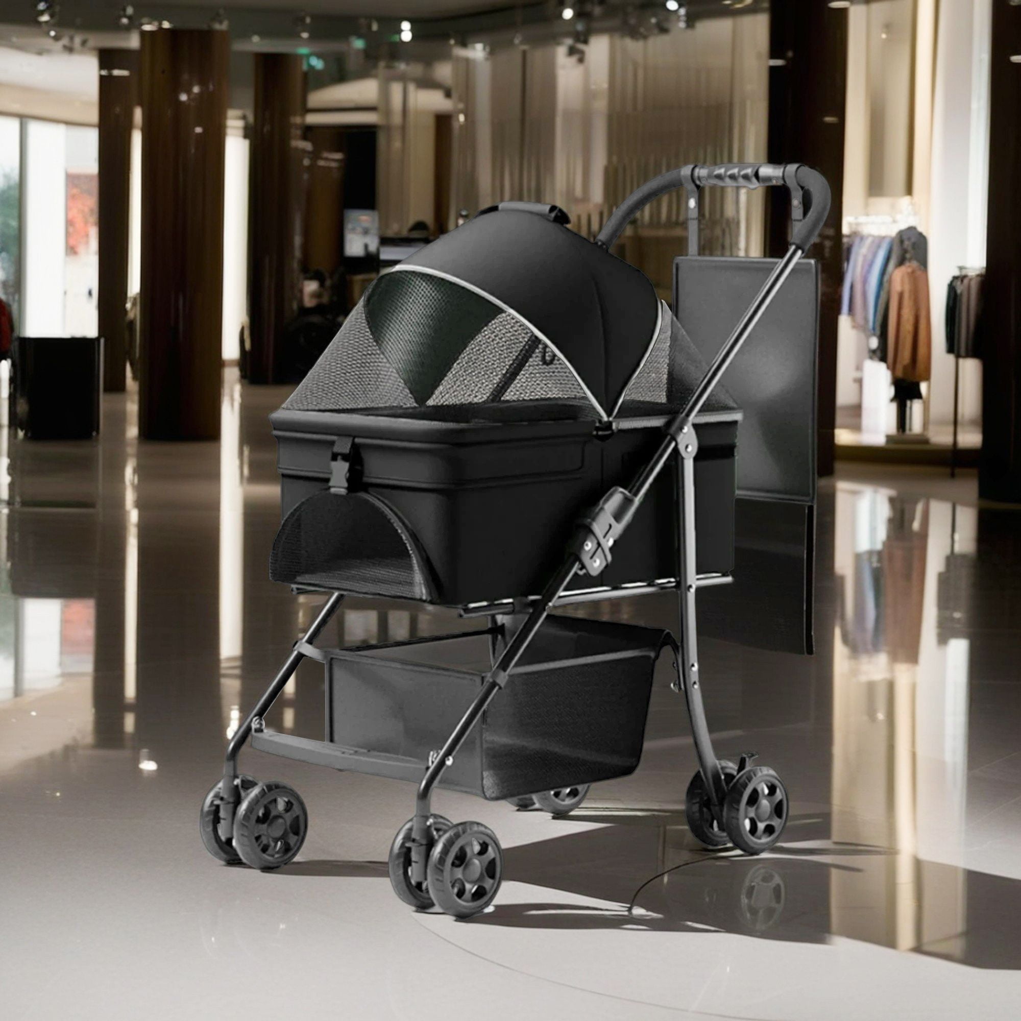 Pefilos 4 Wheels Pet Stroller Dog Cat Stroller for Small Medium Dog Cats Foldable Carrier Jogger Travel Puppy Stroller with Storage Basket and Waterproof Pad, Black Pefilos 4 Wheels Pet Stroller Dog Cat Stroller for Small Medium Dog Cats Foldable Carrier Jogger Travel Puppy Stroller with Storage Basket and Waterproof Pad, Black