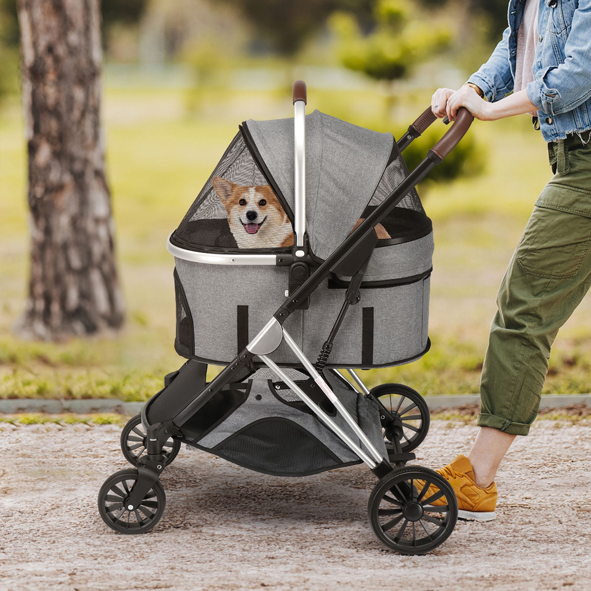 Pefilos 4 Wheels Pet Stroller Dog Cat Stroller for Puppies Doggies Kitties Foldable Carrier Jogger Travel Puppy Stroller with Storage Basket, Gray Pefilos 4 Wheels Pet Stroller Dog Cat Stroller for Puppies Doggies Kitties Foldable Carrier Jogger Travel Puppy Stroller with Storage Basket, Gray