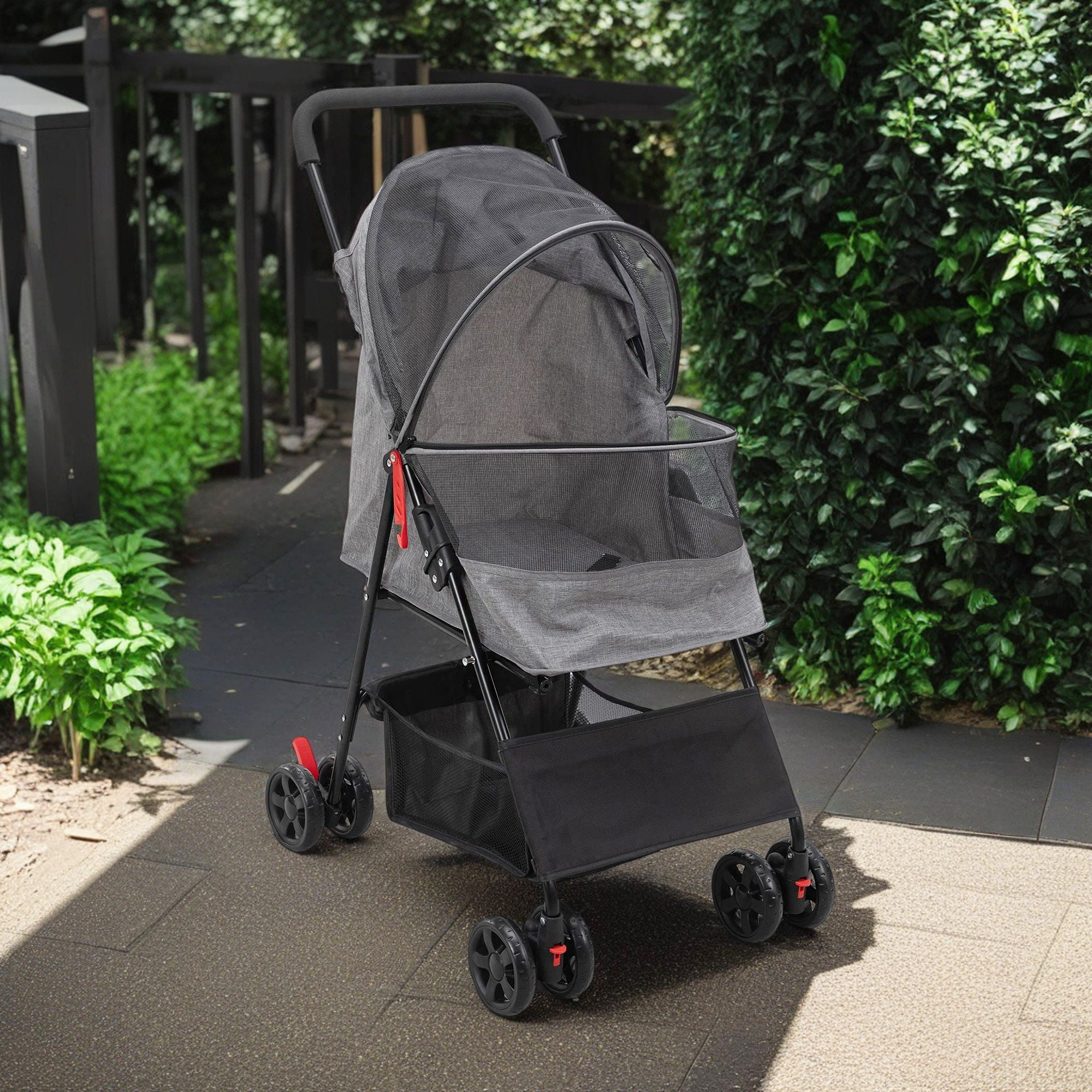 Pefilos 4 Wheels Pet Stroller, Foldable Puppy Cage Jogger Stroller with Sun Cover, Storage Basket, Breathable and Visible Mesh for Small Pets up to 22 lbs, Gray