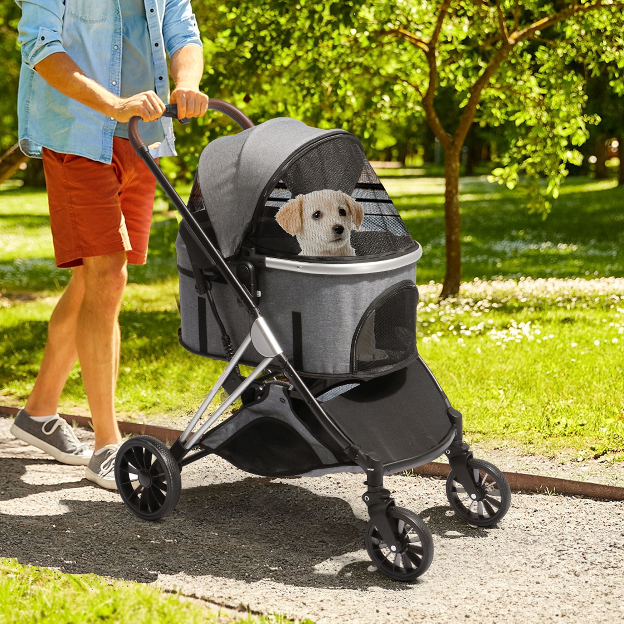 Pefilos 4 Wheels Travel Dog Stroller, Pet Stroller 3 in 1, Cat Stroller, Easy Fold with Detachable Carrier and Storage Basket, Gray Pefilos 4 Wheels Travel Dog Stroller, Pet Stroller 3 in 1, Cat Stroller, Easy Fold with Detachable Carrier and Storage Basket, Gray