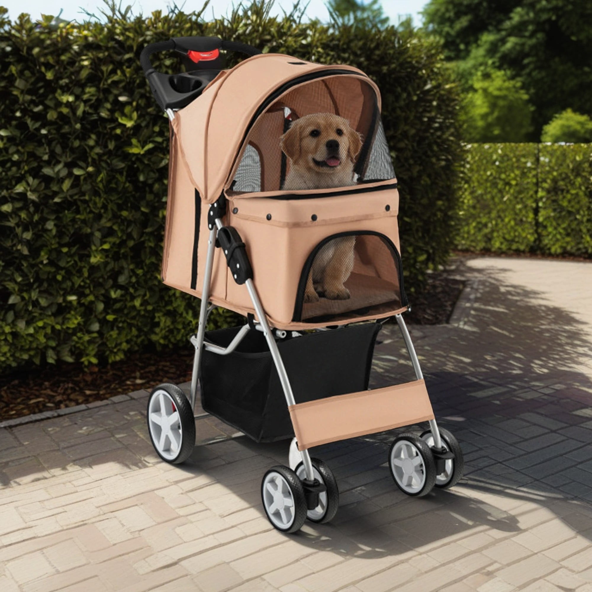 Pefilos 40" 4 Wheels Pet Stroller Dog Cat Cage Jogger Stroller for Medium Small Dogs Cats Travel Folding Carrier Puppy Stroller with Storage Basket and Adjustable Canopy, Beige Pefilos 40" 4 Wheels Pet Stroller Dog Cat Cage Jogger Stroller for Medium Small Dogs Cats Travel Folding Carrier Puppy Stroller with Storage Basket and Adjustable Canopy, Beige