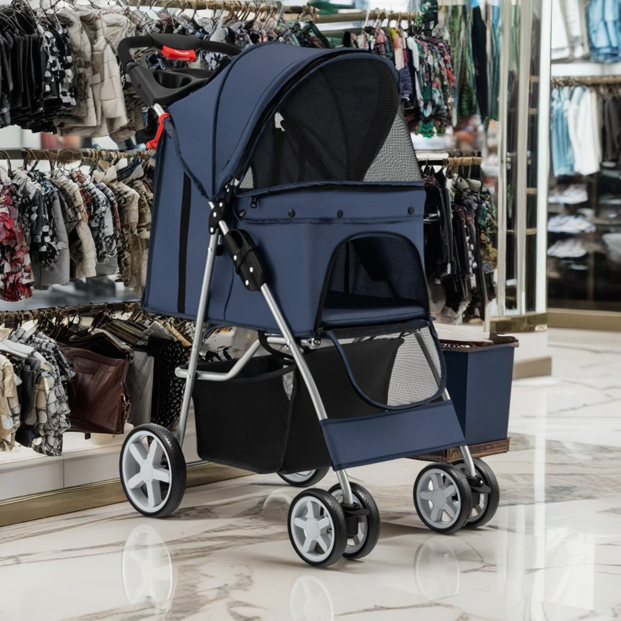 Pefilos 40" 4 Wheels Pet Stroller Dog Cat Cage Jogger Stroller for Medium Small Dogs Cats Travel Folding Carrier Puppy Stroller with Storage Basket and Adjustable Canopy, Blue Pefilos 40" 4 Wheels Pet Stroller Dog Cat Cage Jogger Stroller for Medium Small Dogs Cats Travel Folding Carrier Puppy Stroller with Storage Basket and Adjustable Canopy, Blue