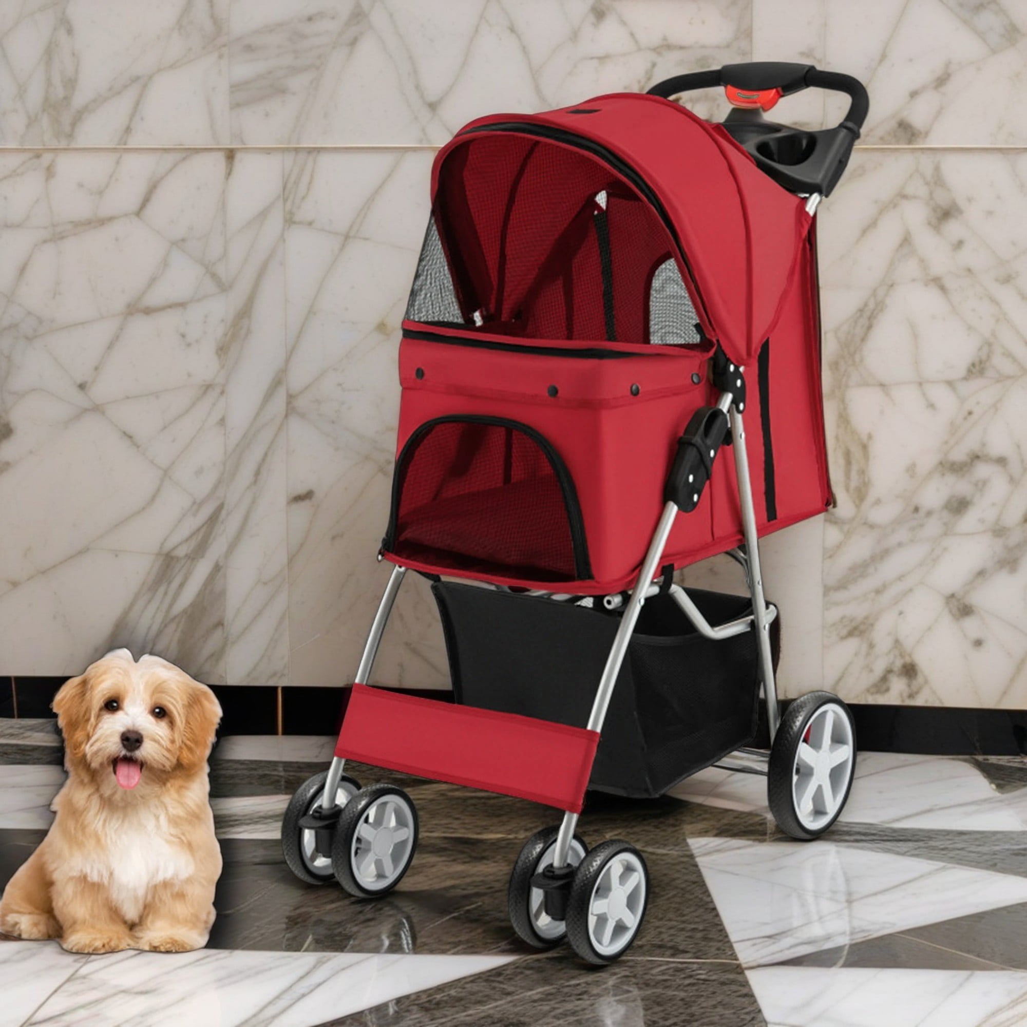 Pefilos 40" 4 Wheels Pet Stroller Dog Cat Cage Jogger Stroller for Medium Small Dogs Cats Travel Folding Carrier Puppy Stroller with Storage Basket and Adjustable Canopy, Red Pefilos 40" 4 Wheels Pet Stroller Dog Cat Cage Jogger Stroller for Medium Small Dogs Cats Travel Folding Carrier Puppy Stroller with Storage Basket and Adjustable Canopy, Red