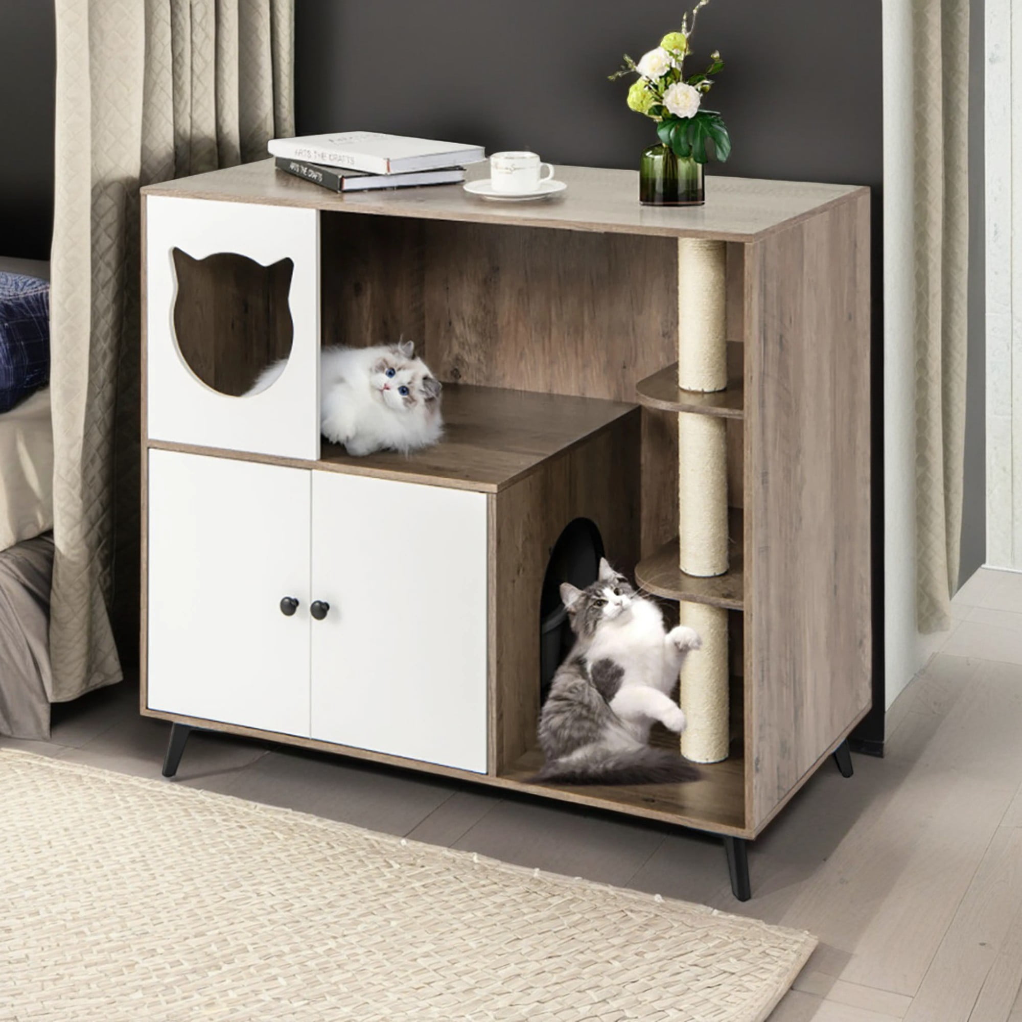 Pefilos 40" Cat Litter Box Enclosure Hidden with 3 Sisal Scratching Posts for Indoor Cats, All-in-One Wood Cat House Condo Furniture, Brown Pefilos 40" Cat Litter Box Enclosure Hidden with 3 Sisal Scratching Posts for Indoor Cats, All-in-One Wood Cat House Condo Furniture, Brown