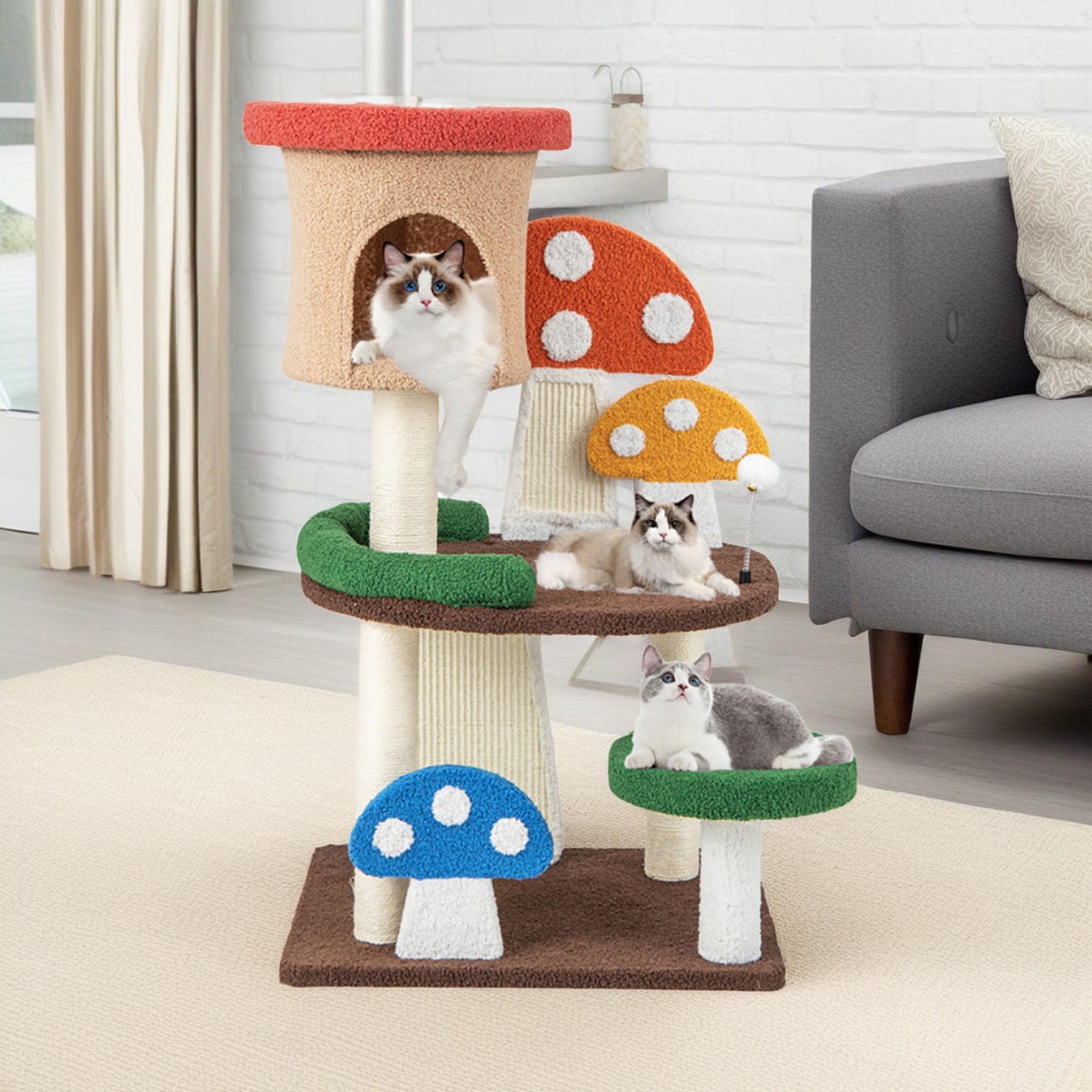 Pefilos 40" Cat Tree House, Small Cat Condo with Sisal Scratching Post, Mushroom Cat Tower, Multicolor Pefilos 40" Cat Tree House, Small Cat Condo with Sisal Scratching Post, Mushroom Cat Tower, Multicolor