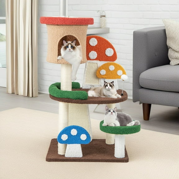 Pefilos 40" Cat Tree House, Small Cat Condo with Sisal Scratching Post, Mushroom Cat Tower, Multicolor