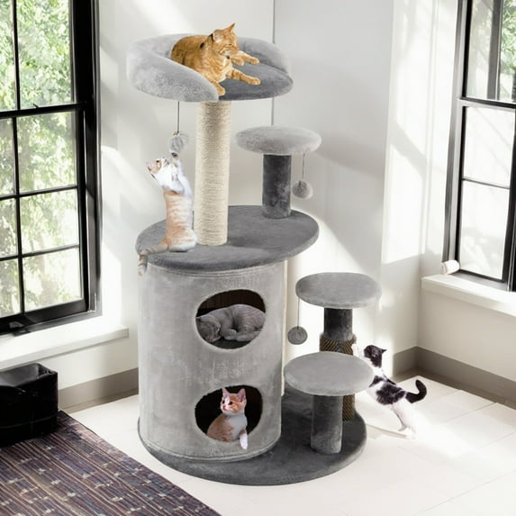 Pefilos 40" Cat Tree Tower, Multi-Level Activity Cat Tree House with 2-Tier Cat-Hole Condo, Perch and Hanging Ball, Gray
