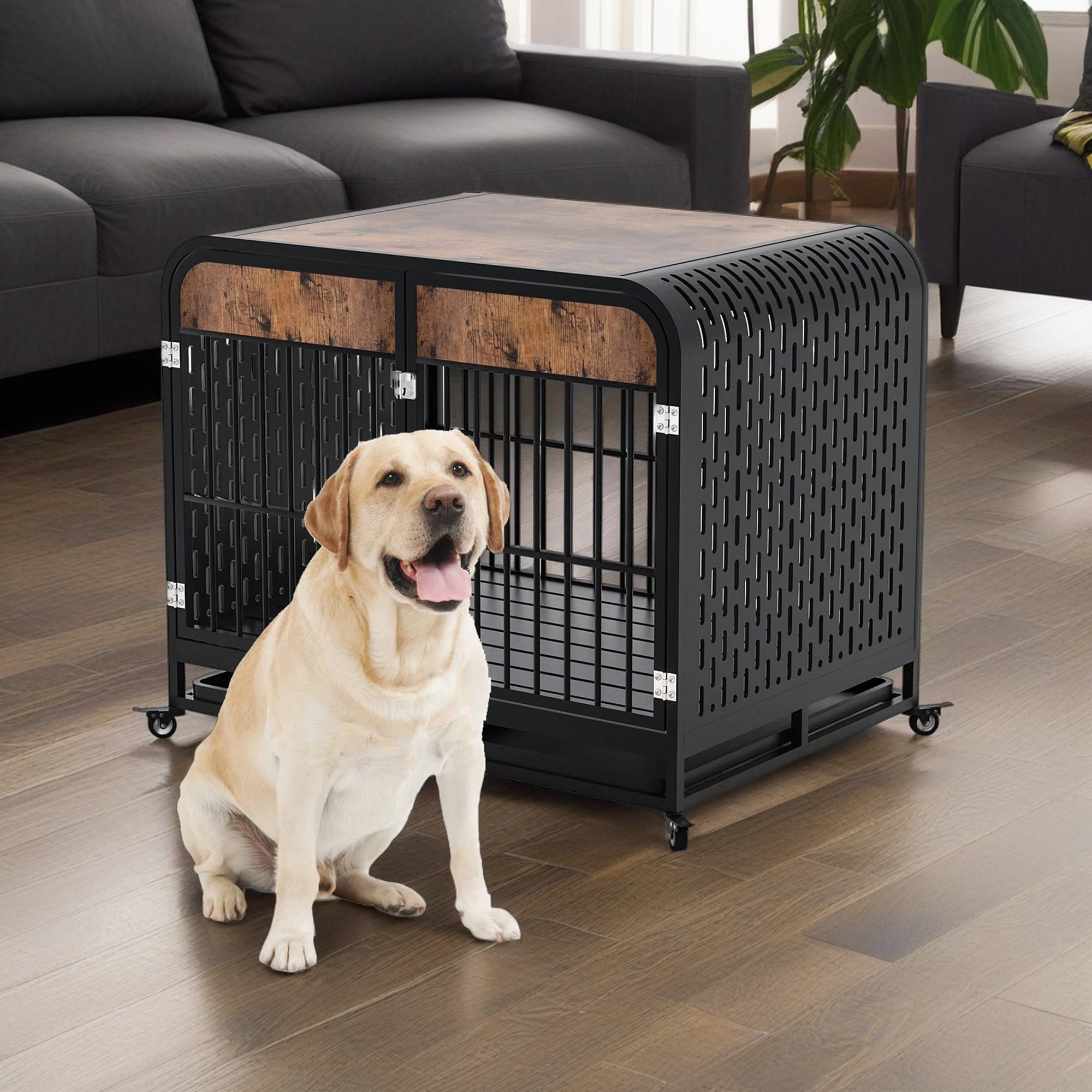 Pefilos 40" Heavy Duty Dog Crate Cage with Wheels, Wood Kennel Furniture High Anxiety Indestructible, Sturdy Locks Design, Double Door and Removable Tray, Brown Pefilos 40" Heavy Duty Dog Crate Cage with Wheels, Wood Kennel Furniture High Anxiety Indestructible, Sturdy Locks Design, Double Door and Removable Tray, Brown