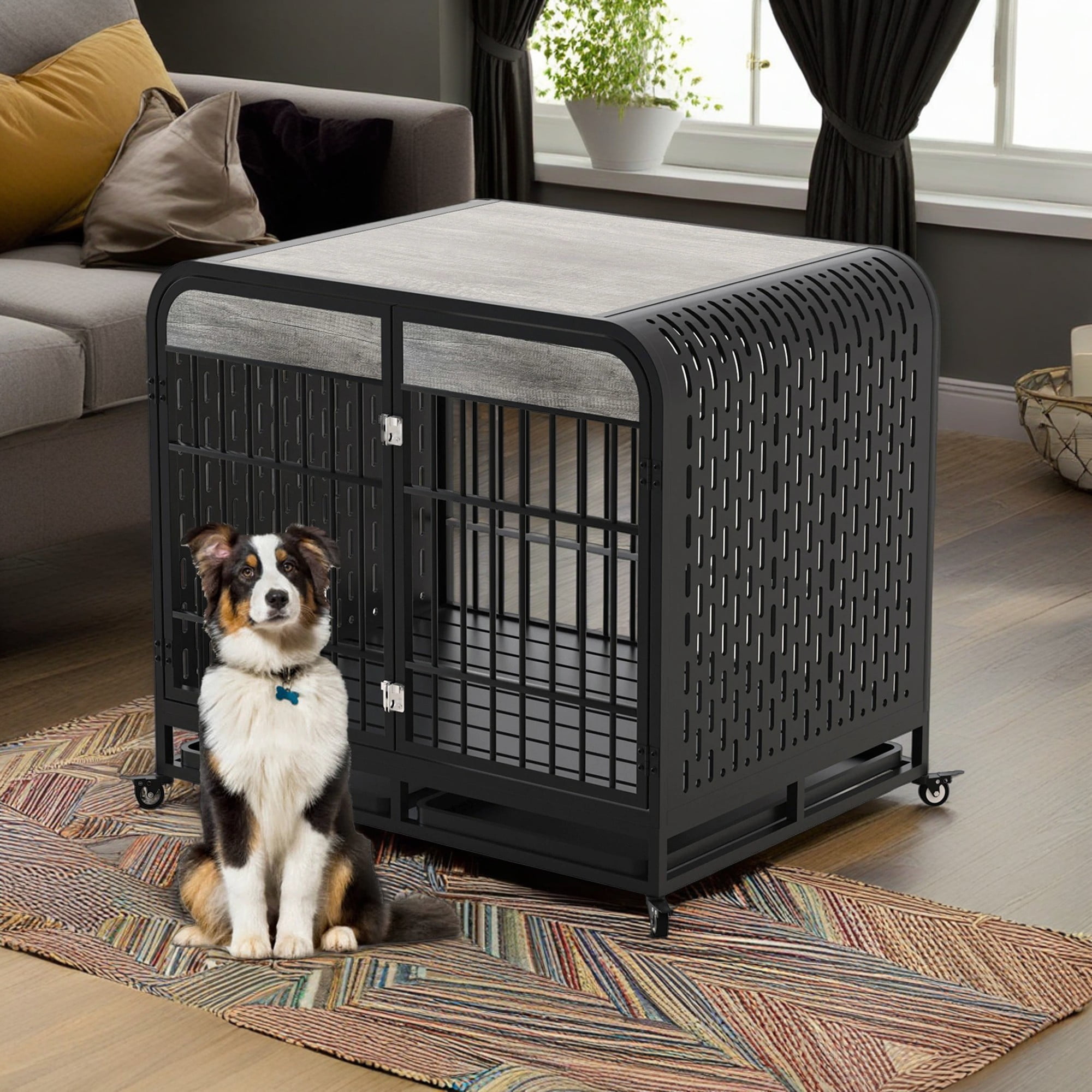 Pefilos 40" Heavy Duty Dog Crate Cage with Wheels, Wood Kennel Furniture High Anxiety Indestructible, Sturdy Locks Design, Double Door and Removable Tray, Gray Pefilos 40" Heavy Duty Dog Crate Cage with Wheels, Wood Kennel Furniture High Anxiety Indestructible, Sturdy Locks Design, Double Door and Removable Tray, Gray