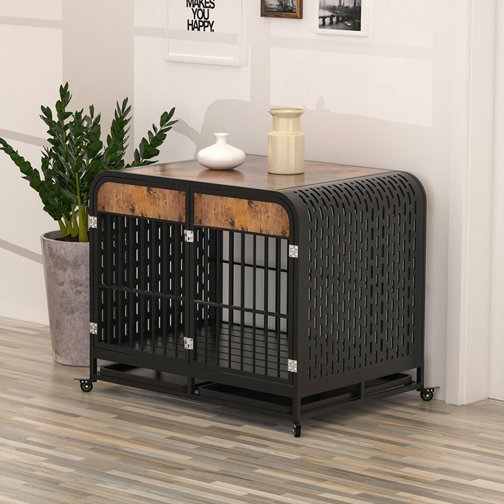 Pefilos 40" Heavy Duty Indestructible Dog Crate Furniture, Escape Proof Dog Cage Kennel with Lockable Wheels, High Anxiety Double Door, Removable Tray, Brown Pefilos 40" Heavy Duty Indestructible Dog Crate Furniture, Escape Proof Dog Cage Kennel with Lockable Wheels, High Anxiety Double Door, Removable Tray, Brown