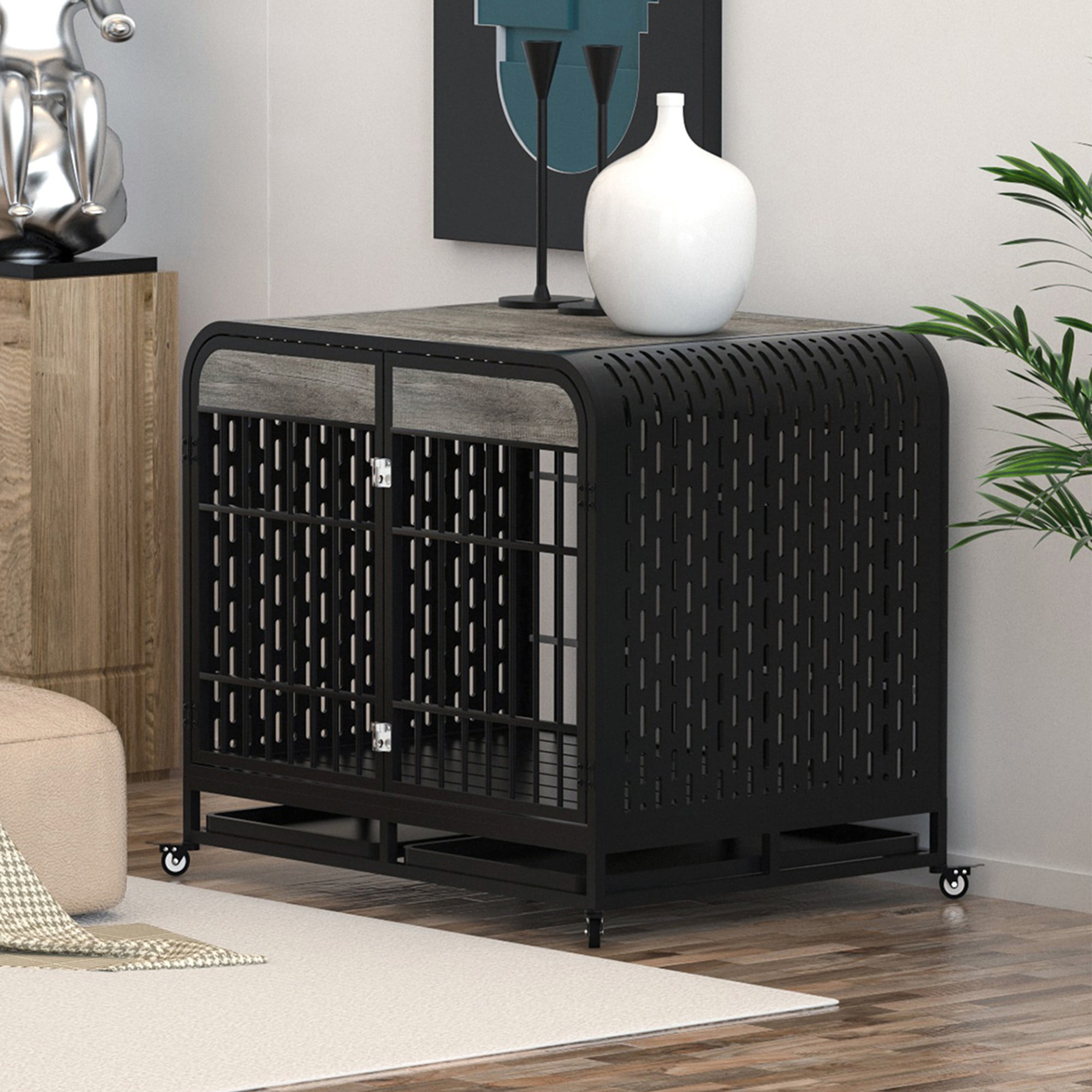 Pefilos 40" Heavy Duty Indestructible Dog Crate Furniture, Escape Proof Dog Cage Kennel with Lockable Wheels, High Anxiety Double Door, Removable Tray, Gray Pefilos 40" Heavy Duty Indestructible Dog Crate Furniture, Escape Proof Dog Cage Kennel with Lockable Wheels, High Anxiety Double Door, Removable Tray, Gray