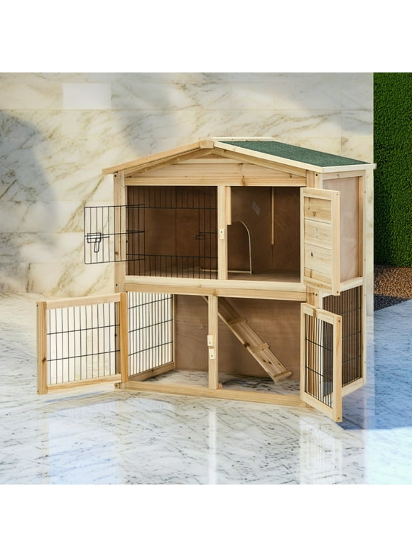 Pefilos 40" Indoor Rabbit Hutch with Run, 2-Story Chicken Coops with Ramp, Pull-Out Tray, Outdoor Bunny Cage for Rabbits or Guinea Pigs, Beige
