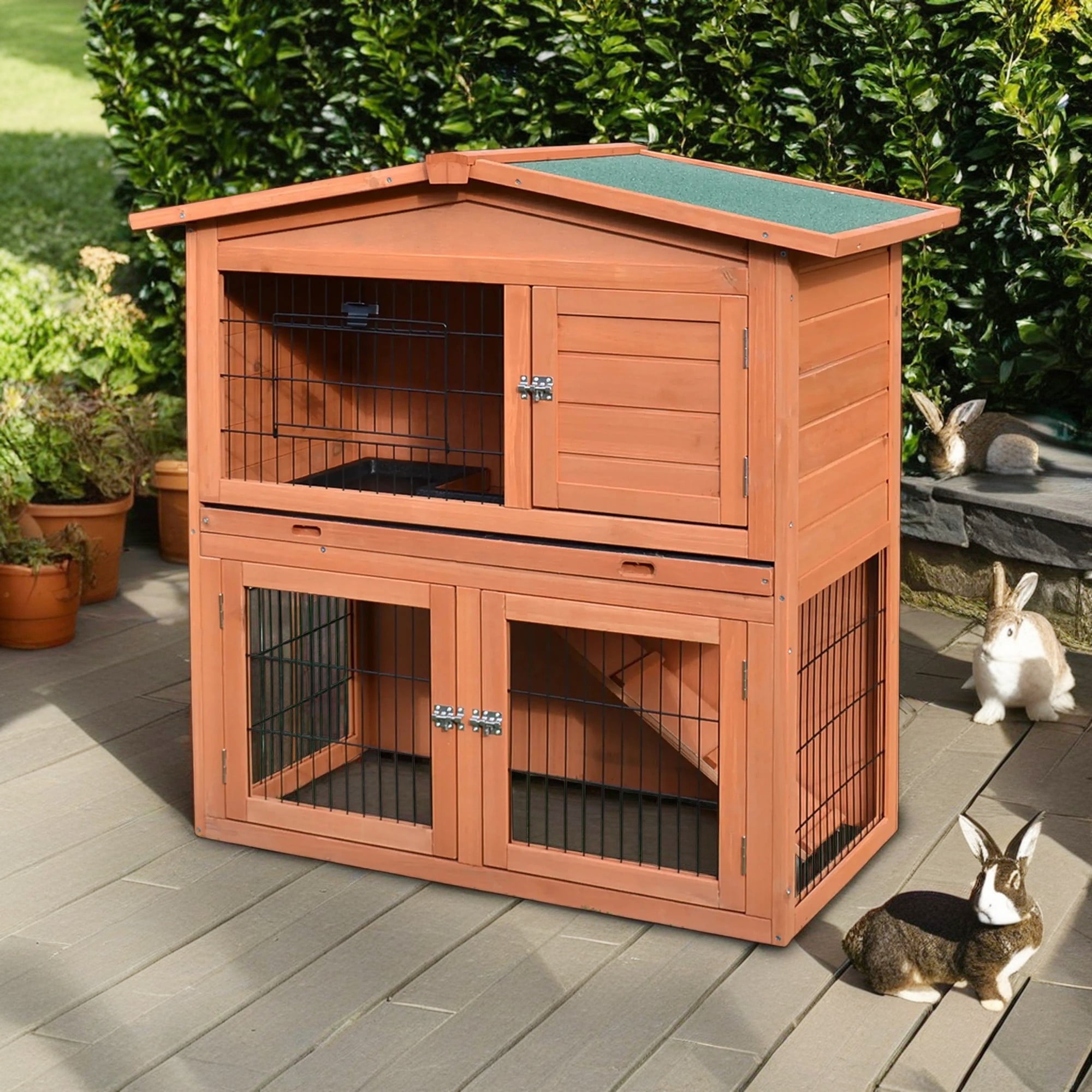 Pefilos 40" Indoor Rabbit Hutch with Run, 2-Story Chicken Coops with Ramp, Pull-Out Tray, Outdoor Bunny Cage for Rabbits or Guinea Pigs, Brown