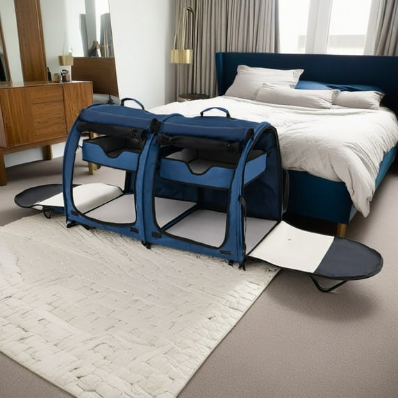 Pefilos 40" Portable Twin Compartment Show House Cat Cage/Condo, Fold Kennel Dog Travel Crate with Carry Bag, 2 Removable Hammocks and Collapsible Litter Box, Blue