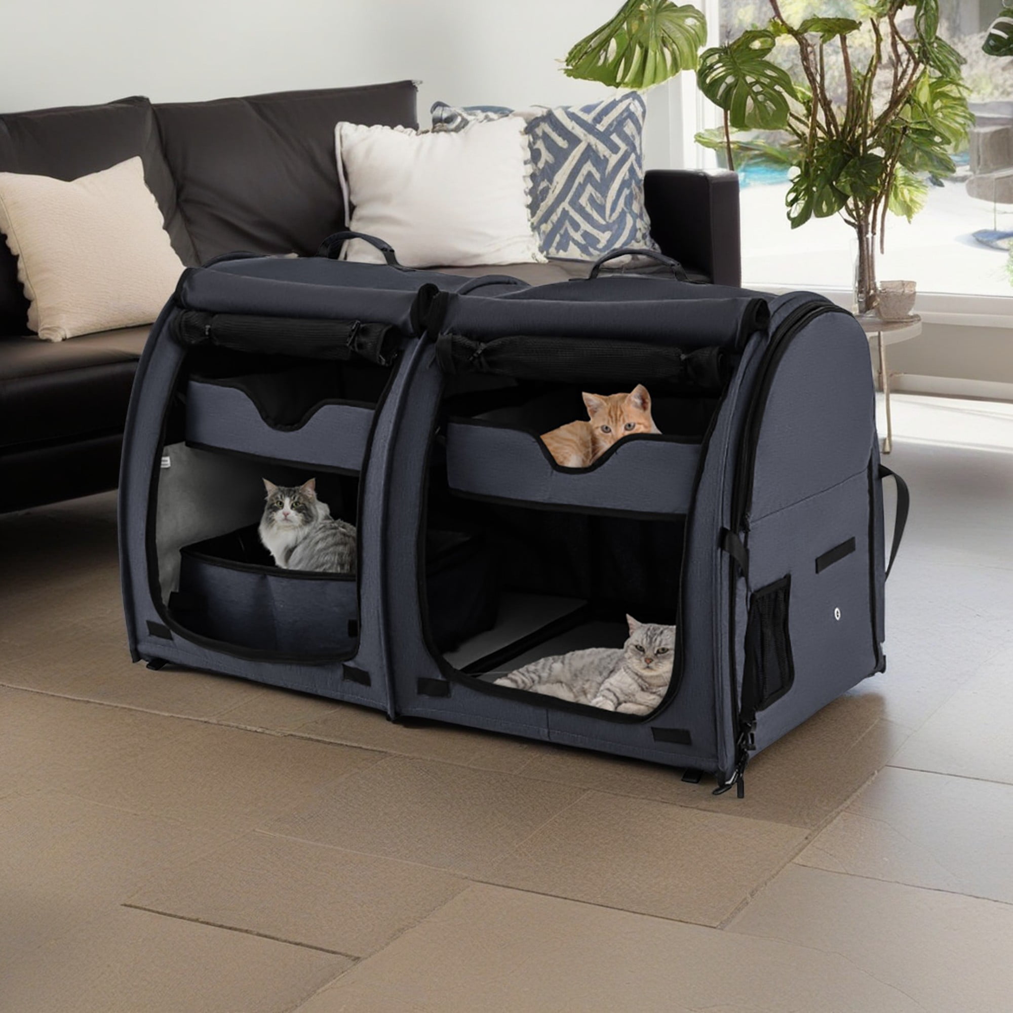 Pefilos 40" Soft-Sided Portable Dual Compartment Pet Carrier, Cat Carrier Condo with 2 Removable Hammocks, Black Pefilos 40" Soft-Sided Portable Dual Compartment Pet Carrier, Cat Carrier Condo with 2 Removable Hammocks, Black
