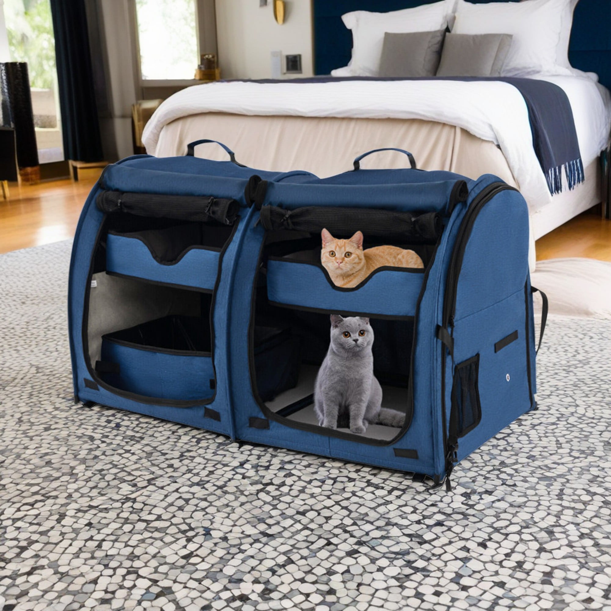 Pefilos 40" Soft-Sided Portable Dual Compartment Pet Carrier, Cat Carrier Condo with 2 Removable Hammocks, Blue Pefilos 40" Soft-Sided Portable Dual Compartment Pet Carrier, Cat Carrier Condo with 2 Removable Hammocks, Blue