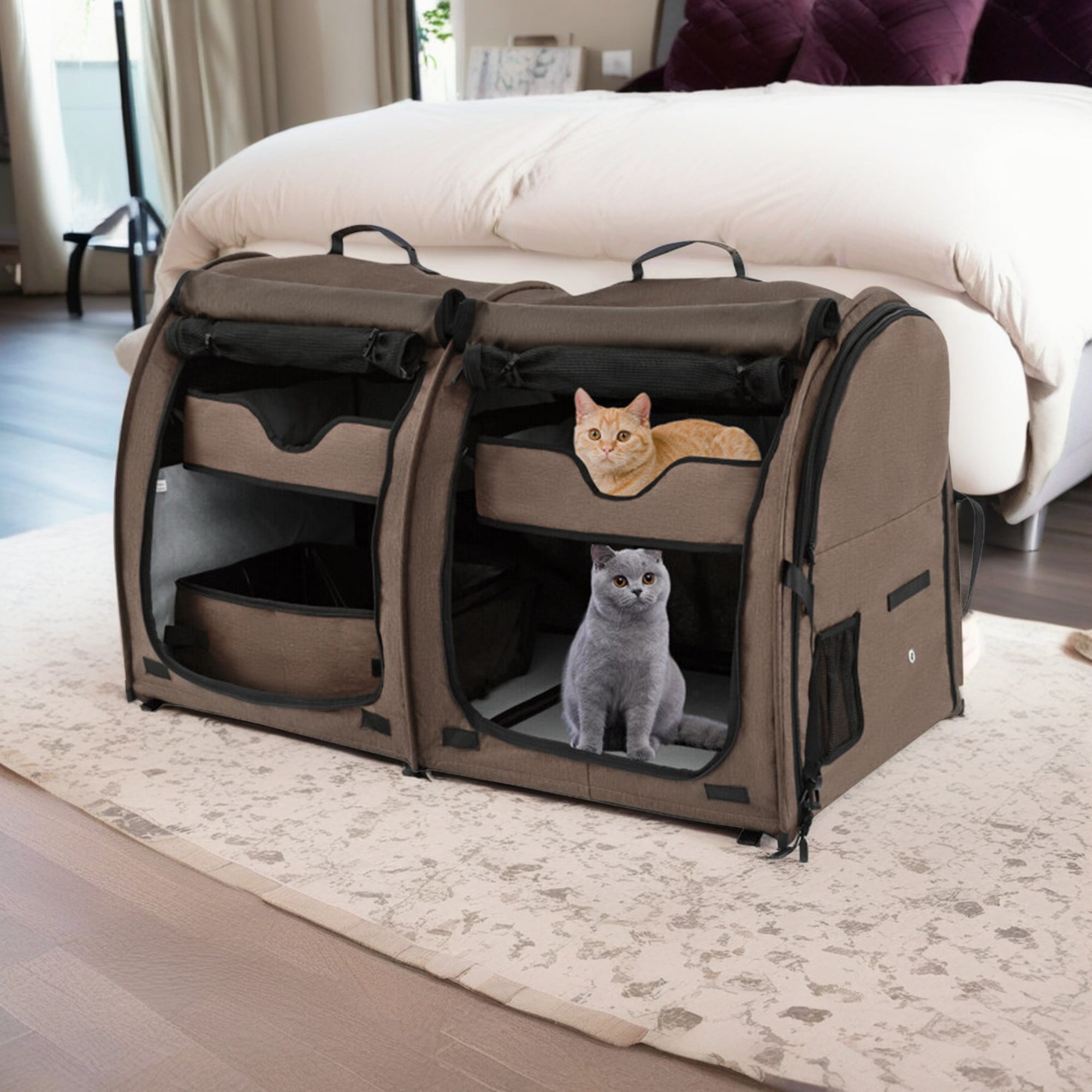 Pefilos 40" Soft-Sided Portable Dual Compartment Pet Carrier, Cat Carrier Condo with 2 Removable Hammocks, Brown Pefilos 40" Soft-Sided Portable Dual Compartment Pet Carrier, Cat Carrier Condo with 2 Removable Hammocks, Brown